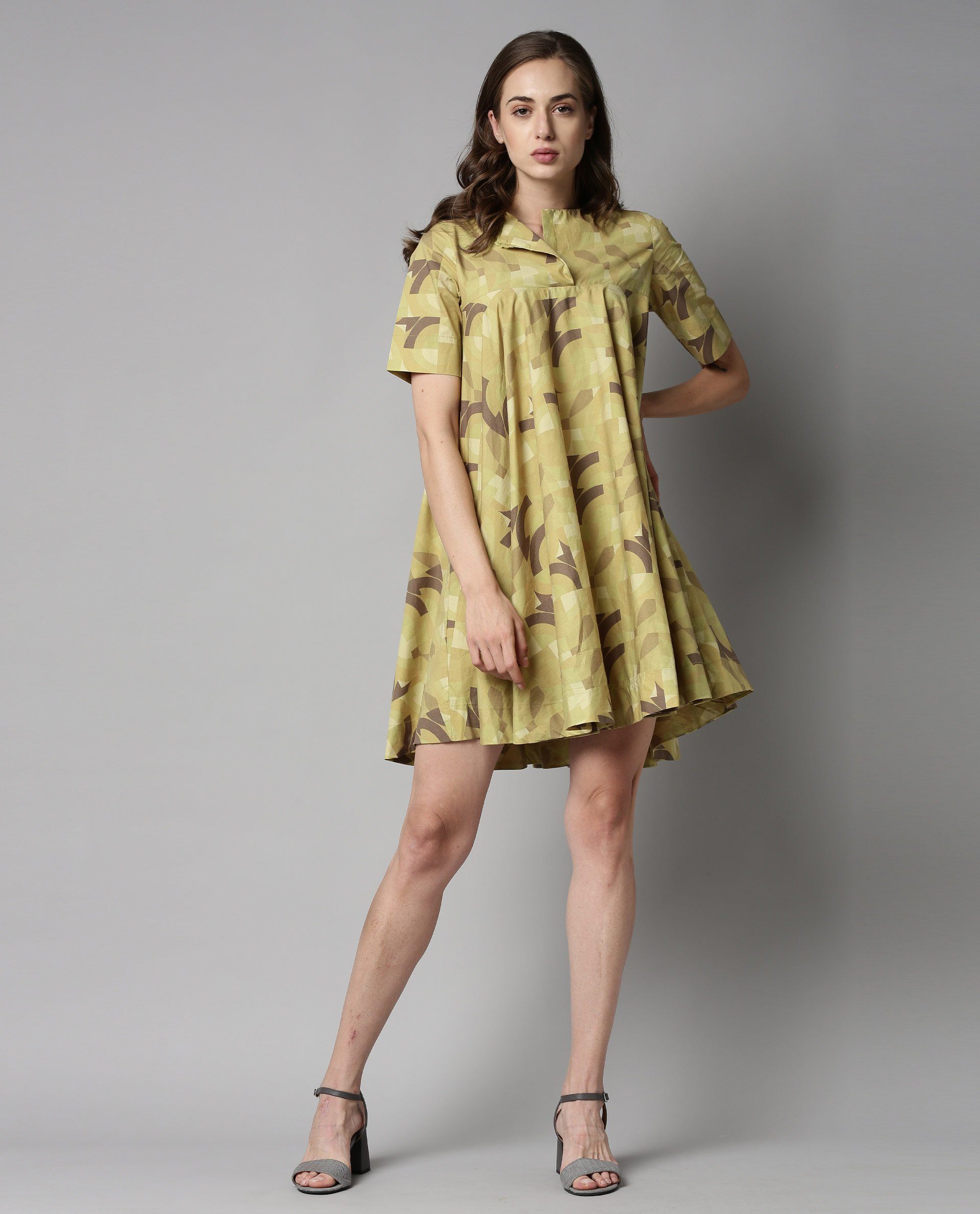Rareism Women Novel Green Dress Short Sleeves Printed