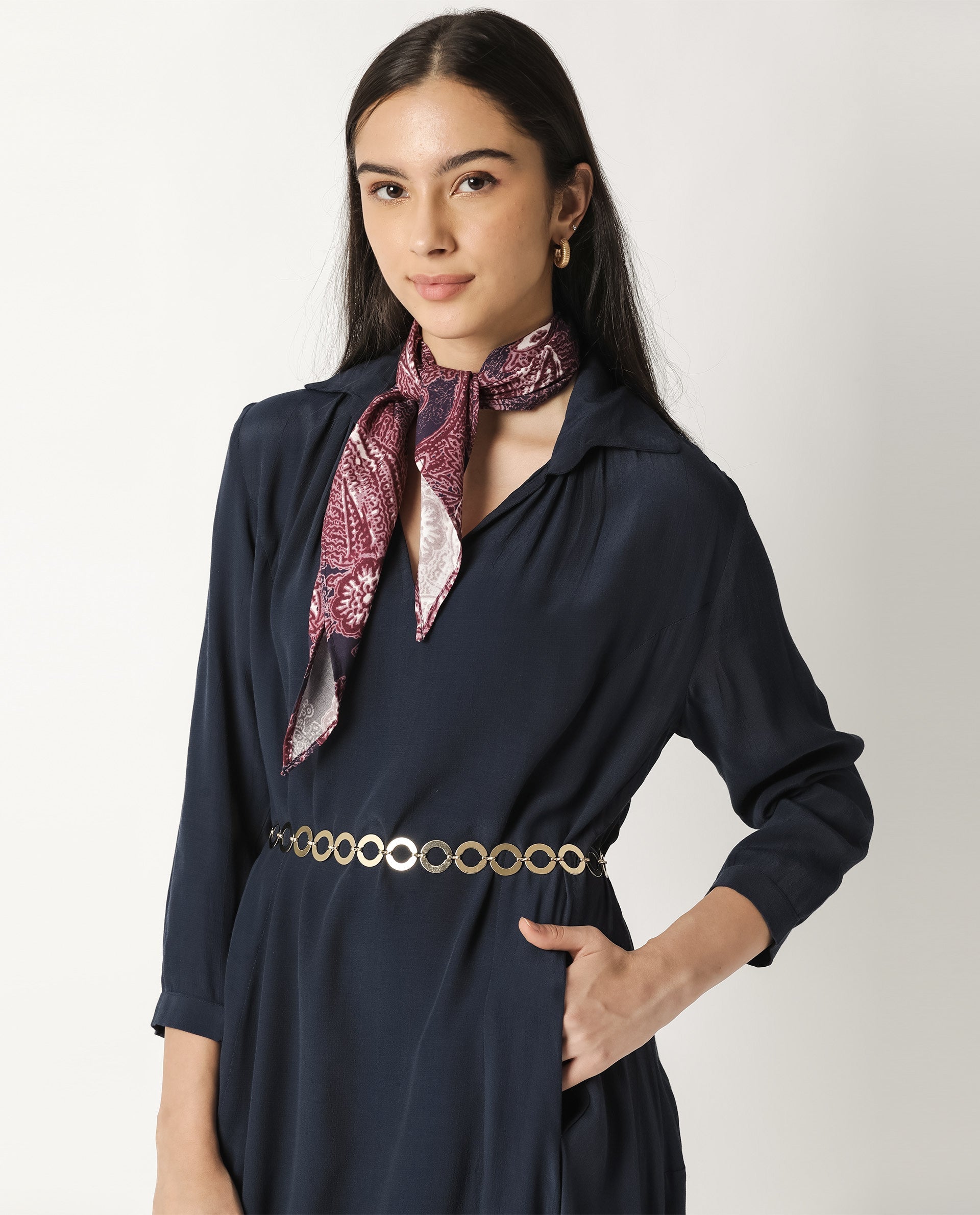 Rareism Women Janice Navy Shirt Collar 3/4 Sleeves Asymmetric Midi Dress