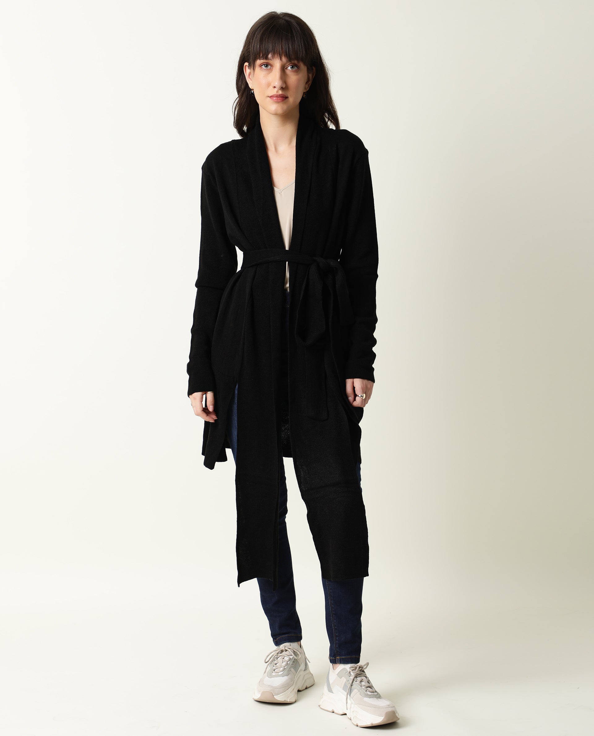 Rareism Women Flap Black Acrylic Fabric Full Sleeves Knee Length Regular Fit Solid Collarless Sweater