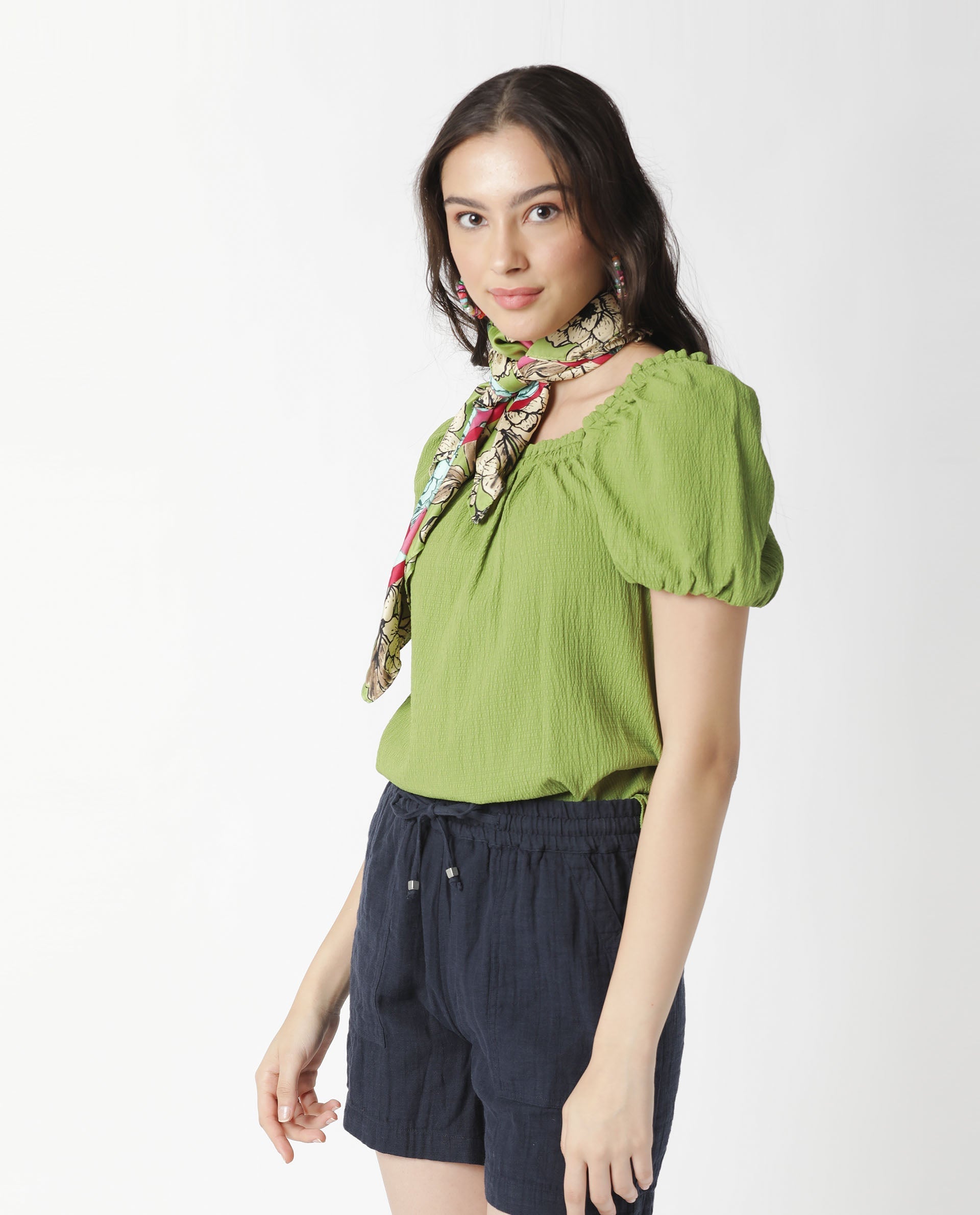 Rareism Women Swag Green Cotton Lycra Fabric Tailored Fit Square Neck Half Sleeves Solid Top