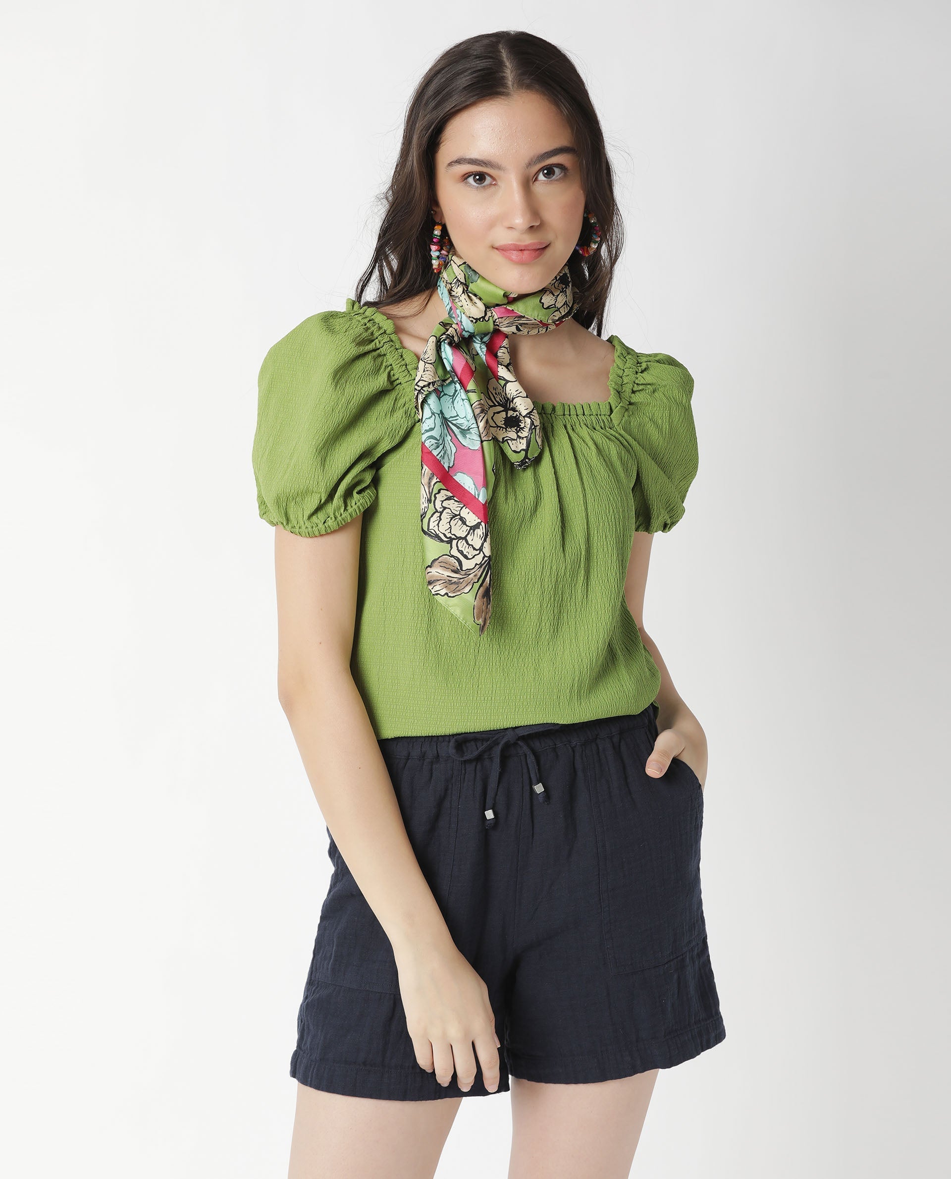 Rareism Women Swag Green Cotton Lycra Fabric Tailored Fit Square Neck Half Sleeves Solid Top