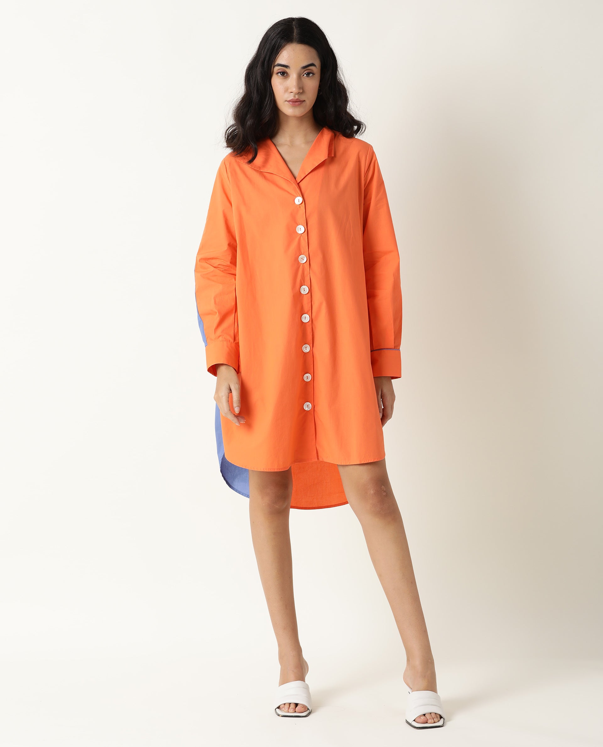 Rareism Women Tally Orange Lapel Collar Full Sleeves Front Full Button Closure Placket And Pockets Mini Dress