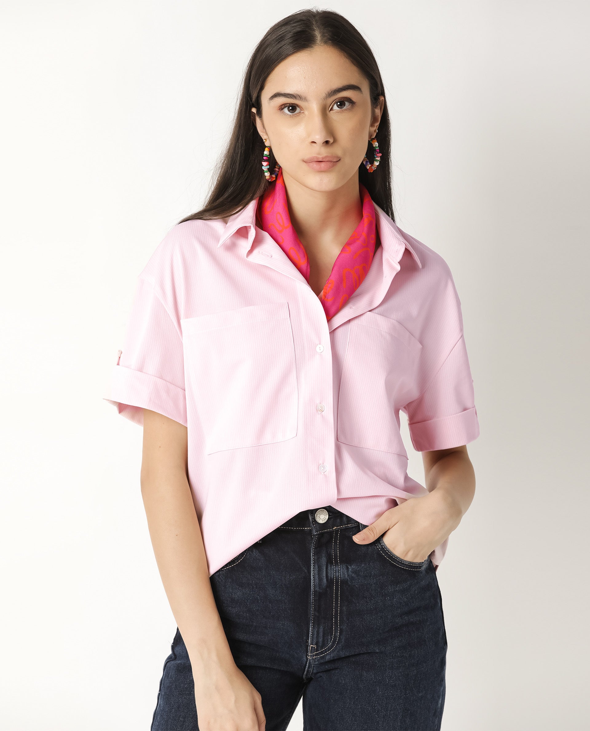 Rareism Women Bolero Pink  Regular Fit Shirt Collar Half Sleeves Solid Top