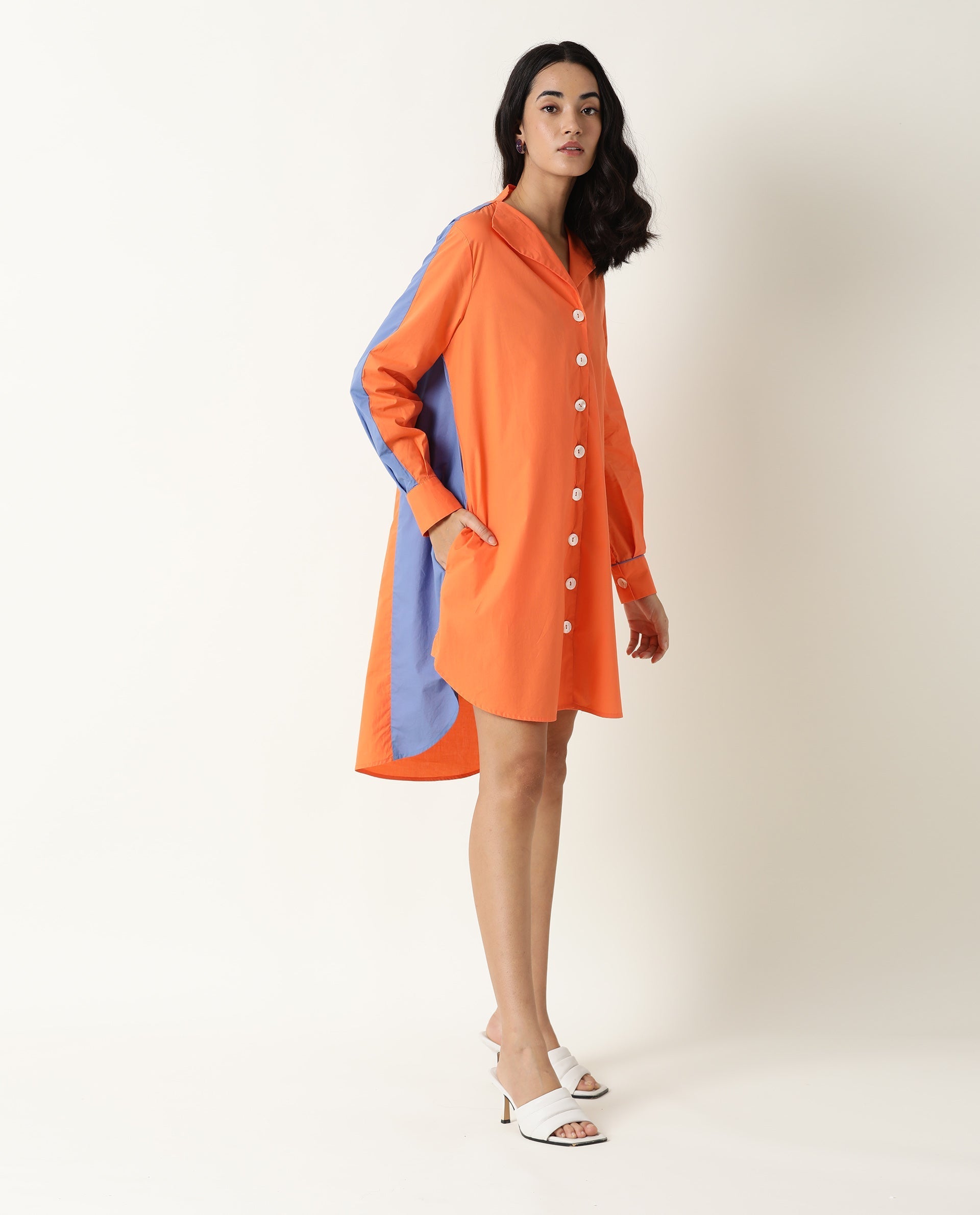 Rareism Women Tally Orange Lapel Collar Full Sleeves Front Full Button Closure Placket And Pockets Mini Dress