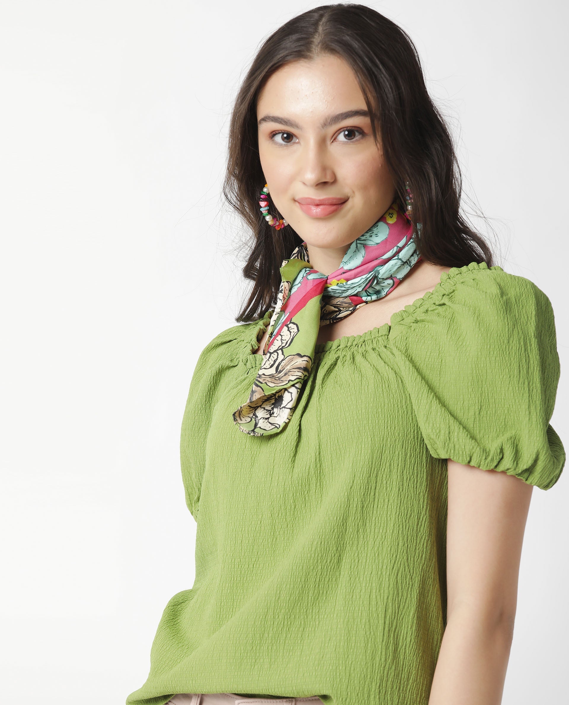 Rareism Women Swag Green Cotton Lycra Fabric Tailored Fit Square Neck Half Sleeves Solid Top