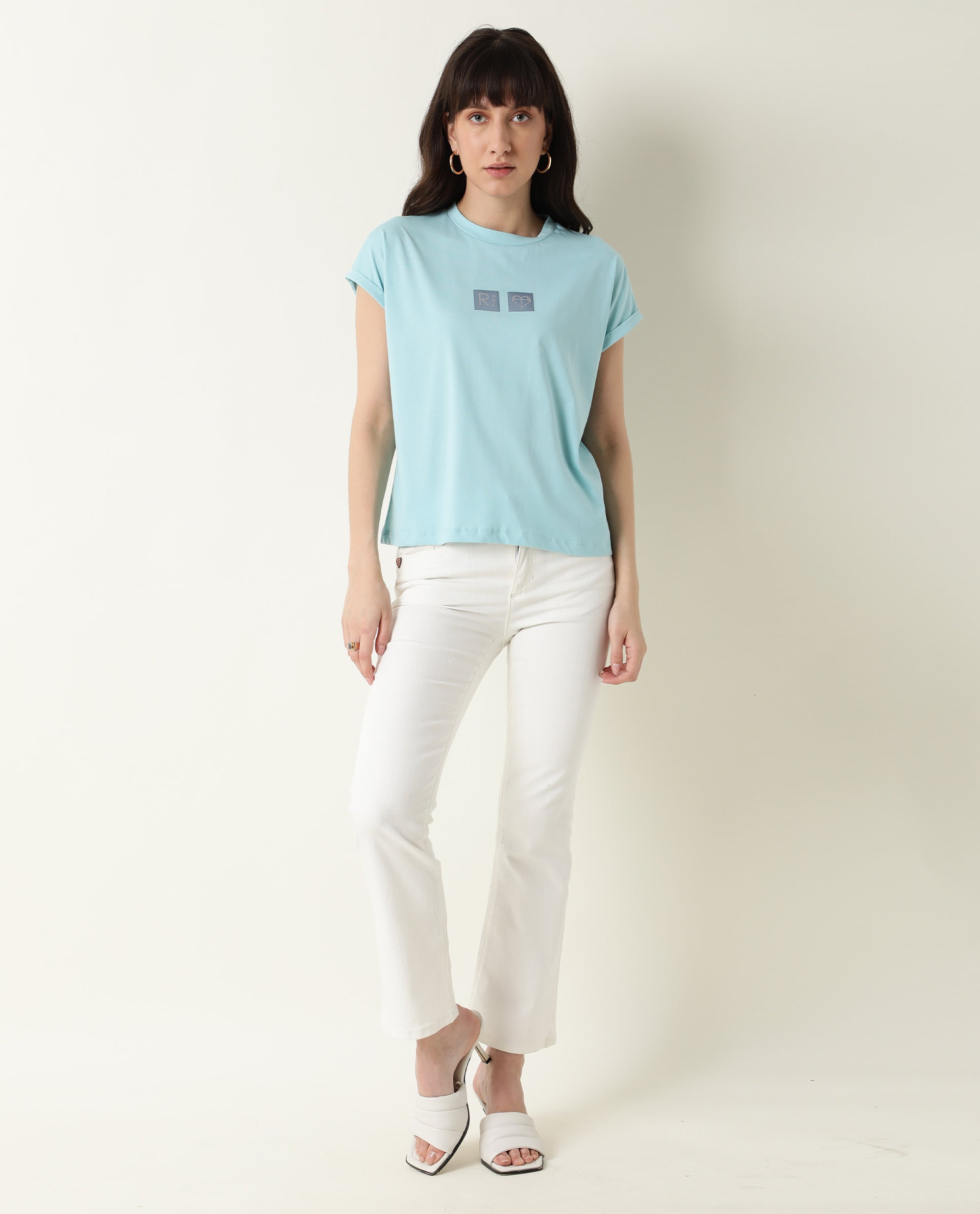 Rareism Women Cardi Light Blue Cotton Fabric Regular Fit Half Sleeves Graphic Print Crew Neck T-Shirt