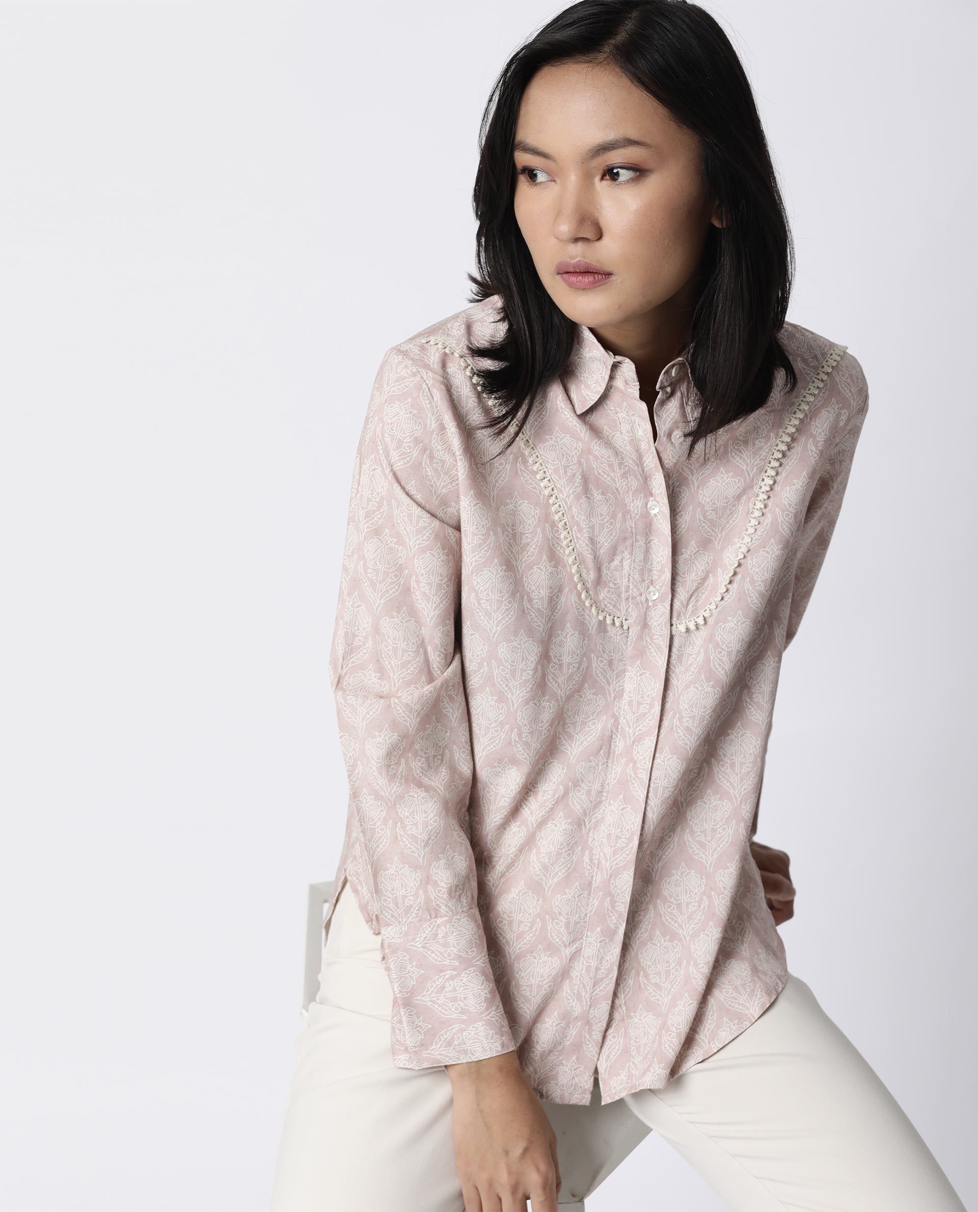 Rareism Women Pretty Pink Top Full Sleeves Printed