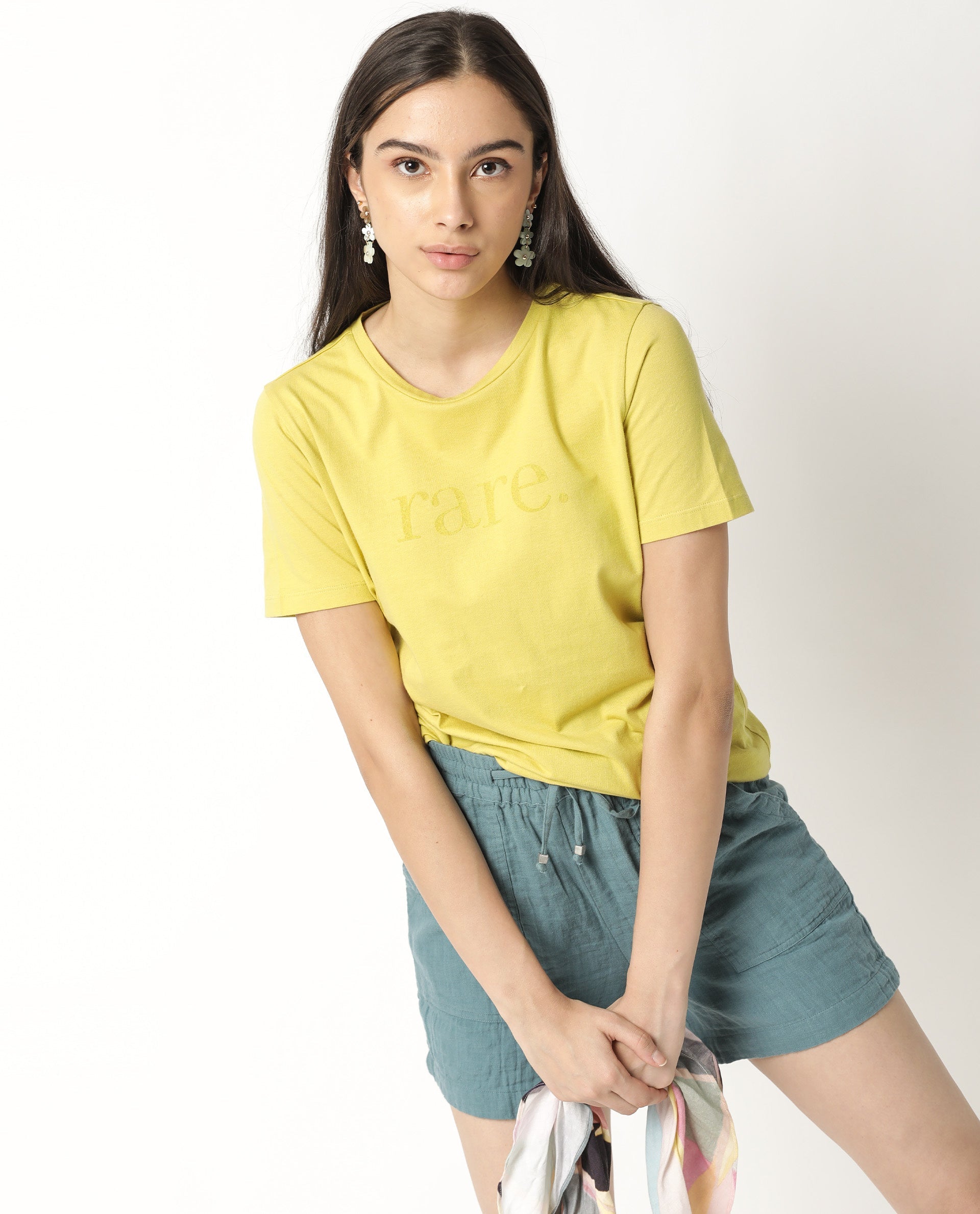 Rareism Womens Basic Tee 2 Yellow T-Shirt Cotton Fabric Fitted Fit Short Sleeve Round Neck