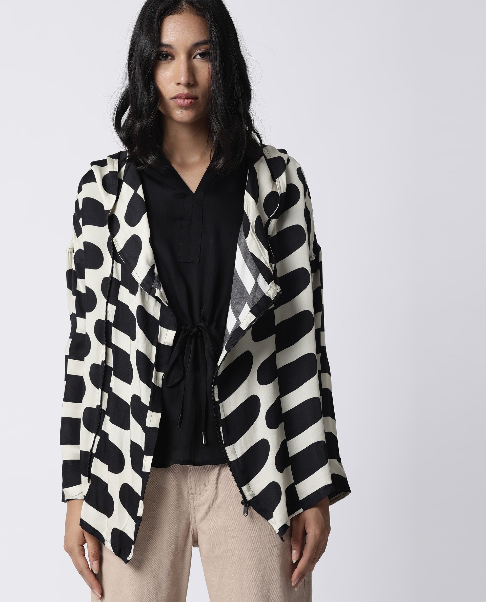 Rareism Women Flight Black Outer Wear Full Sleeves Printed