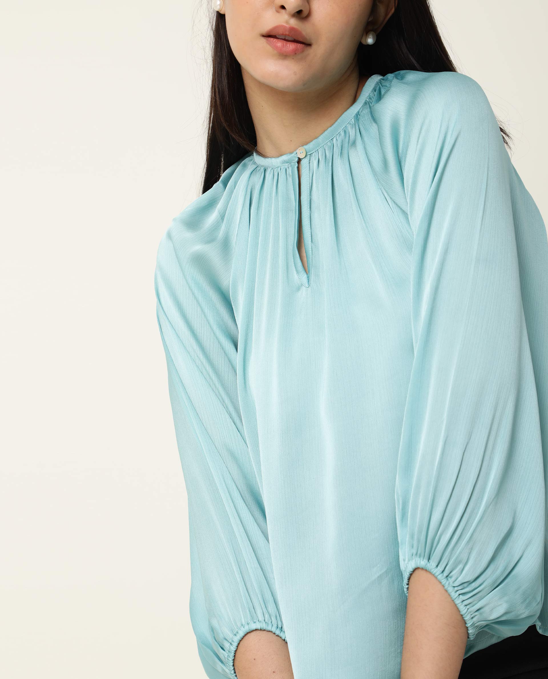 Rareism Womens Fall Blue Top Polyester Fabric Regular Fit Balloon Sleeve Round Neck
