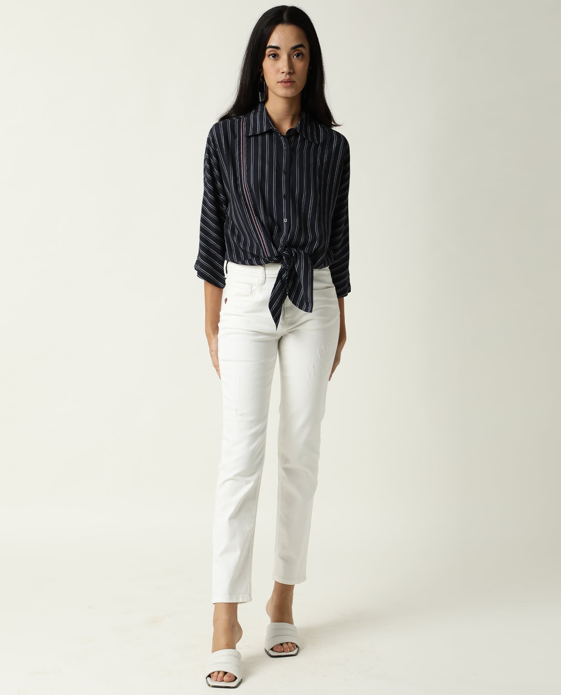 Rareism Women Cia Navy Viscose Fabric Regular Fit Shirt Collar 3/4Th Sleeves Striped Top