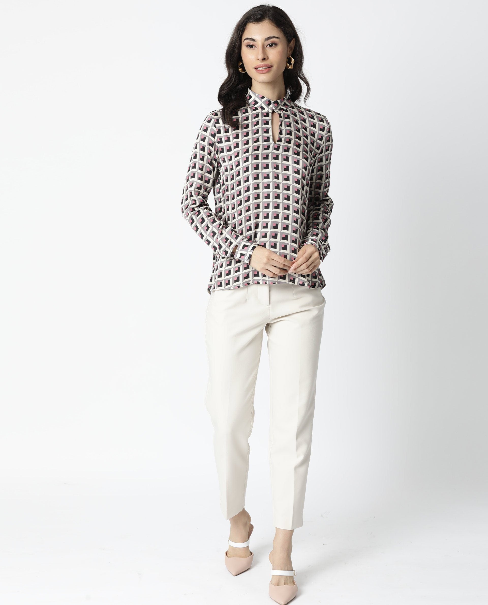 Rareism Women Appar Off White  Tailored Fit Mandarin Collar Full Sleeves Geometric Print Top