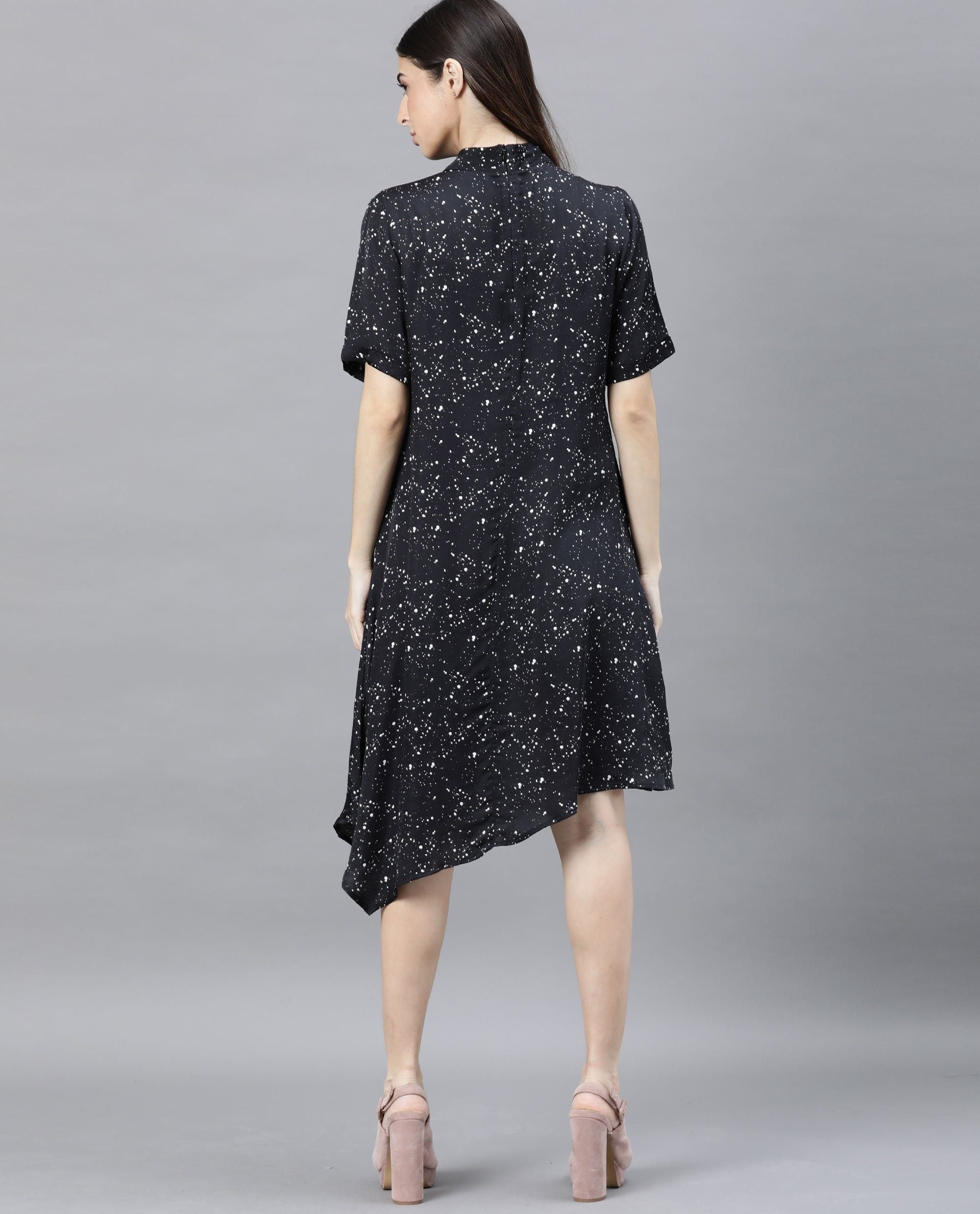Rareism Women Kris Black Dress Short Sleeves Printed