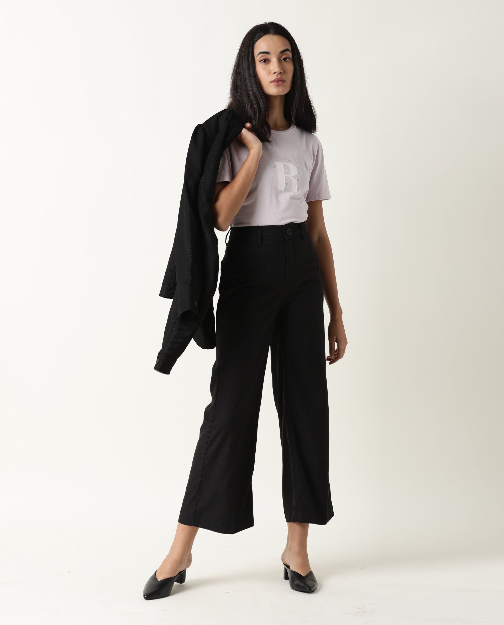 Rareism Women's Micky Black Cotton Blend Plain Ankle Length Tailored Trouser