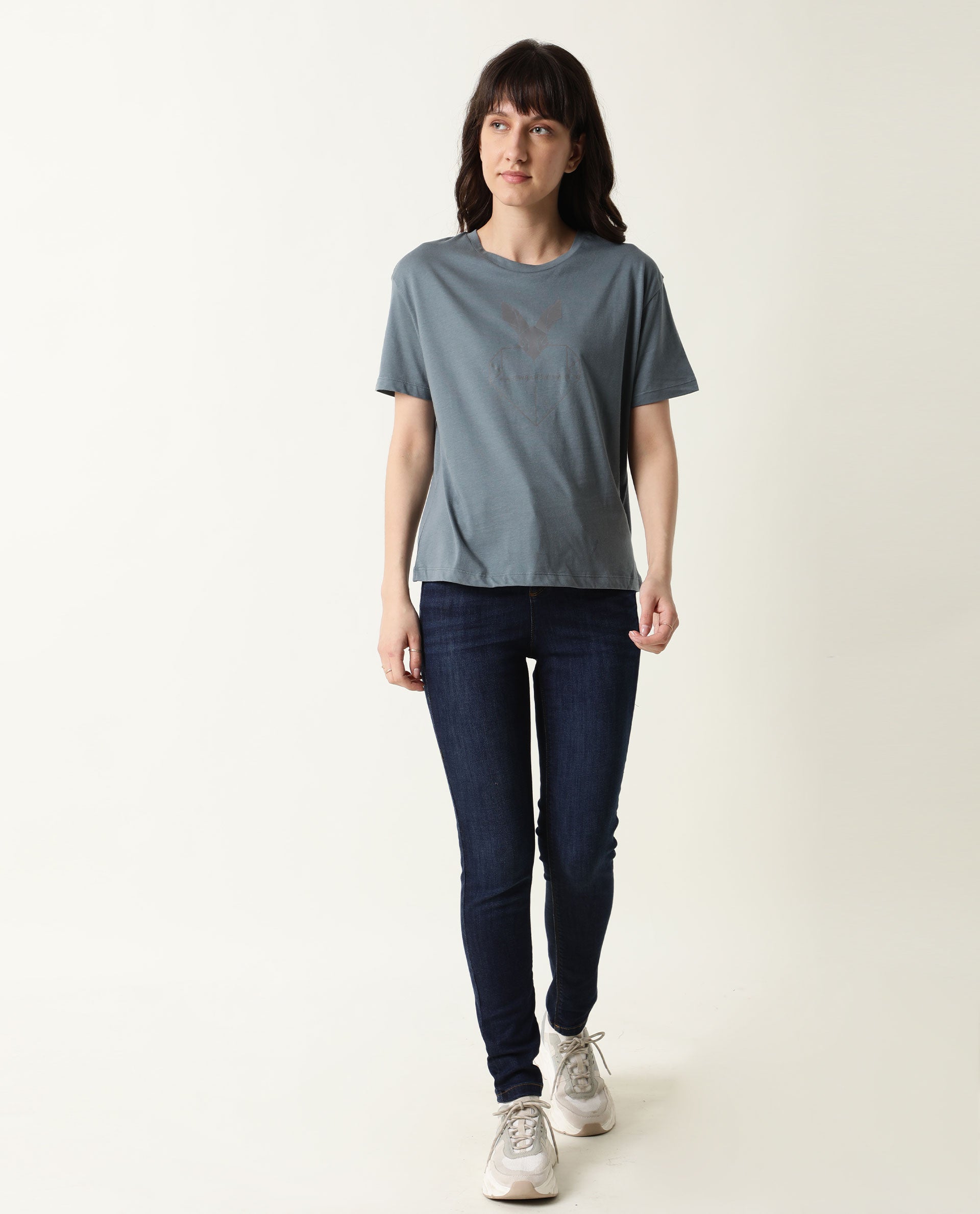 Rareism Women Love Grey Cotton Fabric Regular Fit Half Sleeves Graphic Print Crew Neck T-Shirt