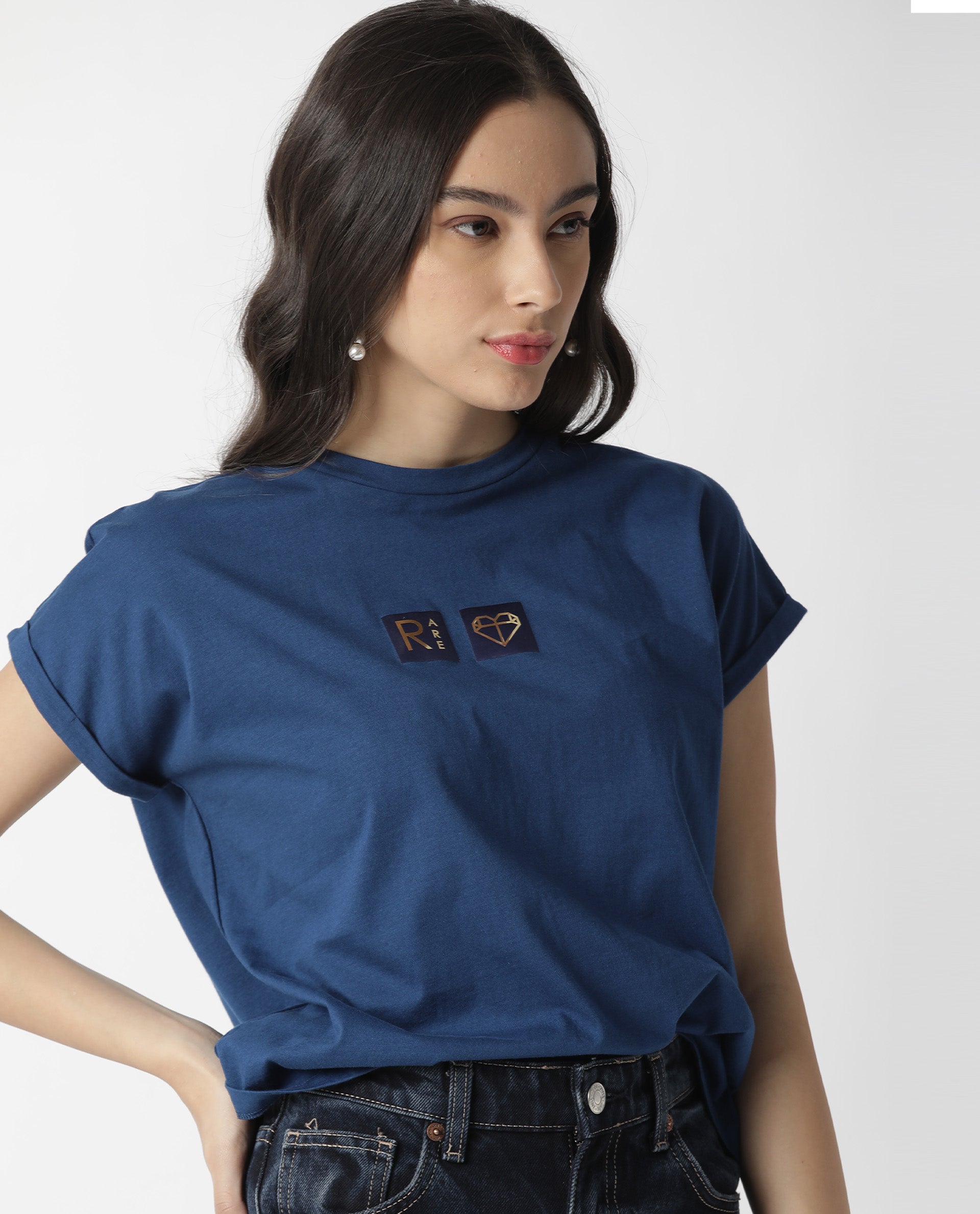 Rareism Womens Cardi Blue T-Shirt Cotton Fabric Regular Fit Half Sleeve Round Neck