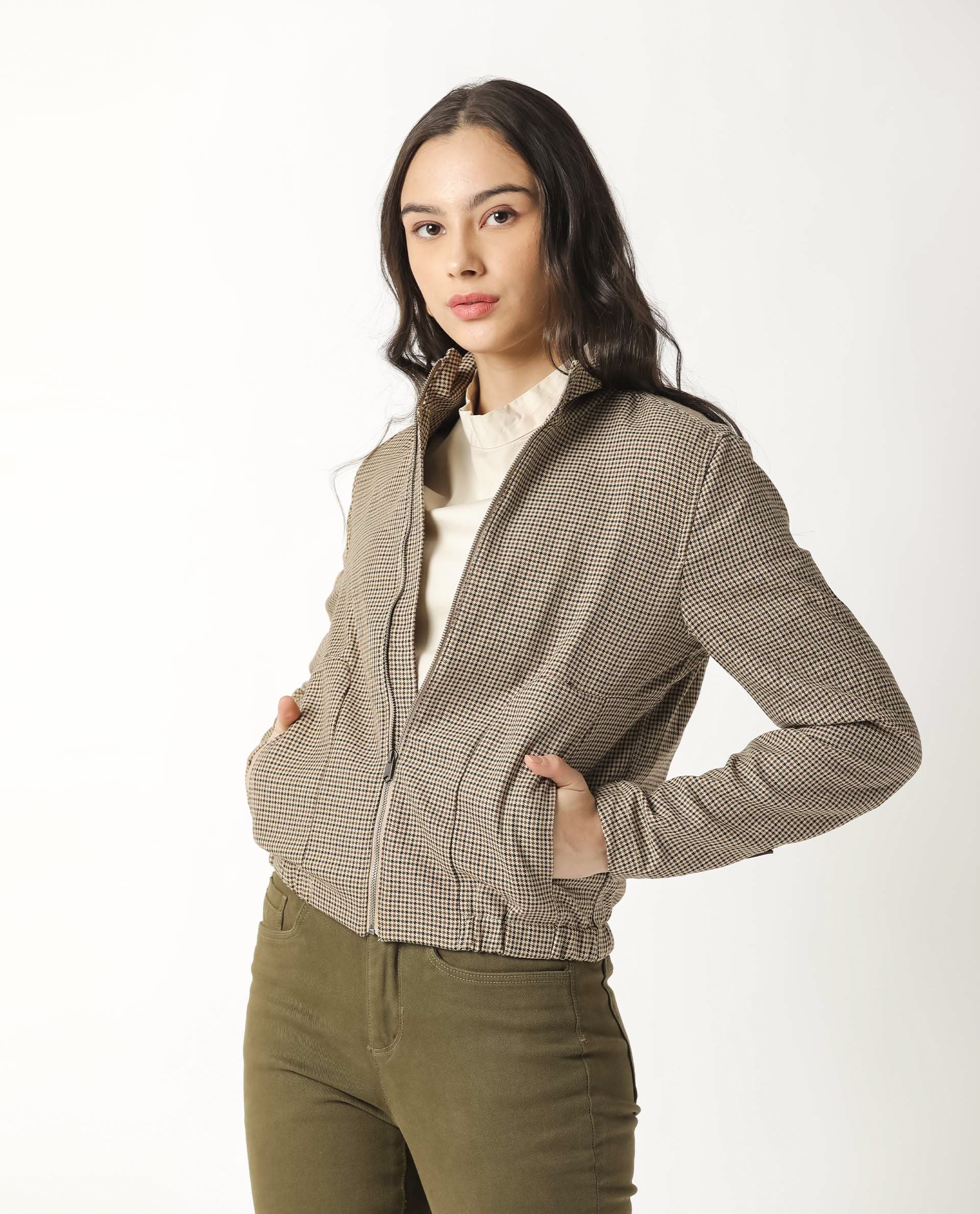 Rareism Womens Alex Yellow Bomber Jacket Full Sleeves Check Pattern