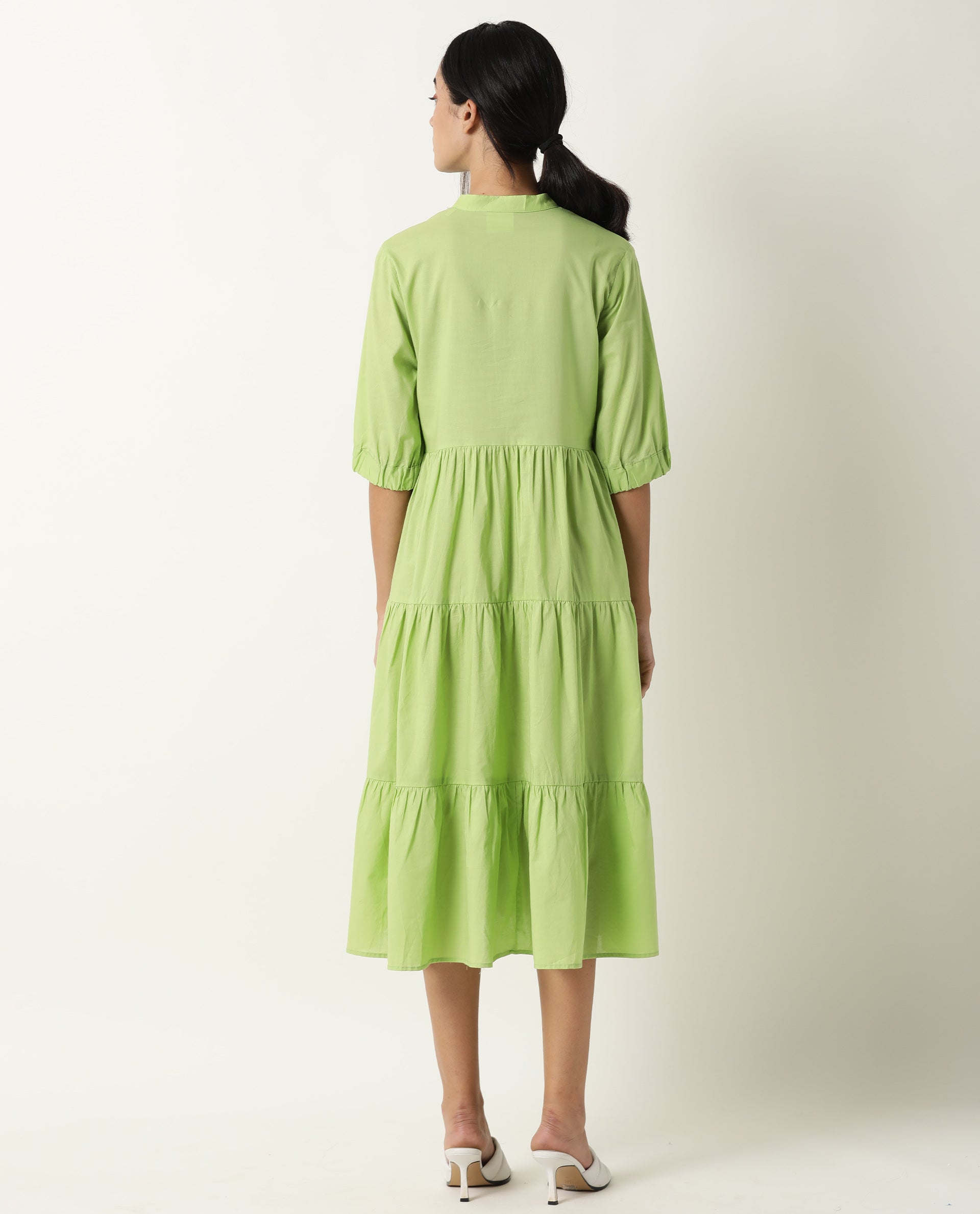 Rareism Womens Intro Green Dress Cotton Fabric Regular Fit Puff Sleeves Mandarin Neck
