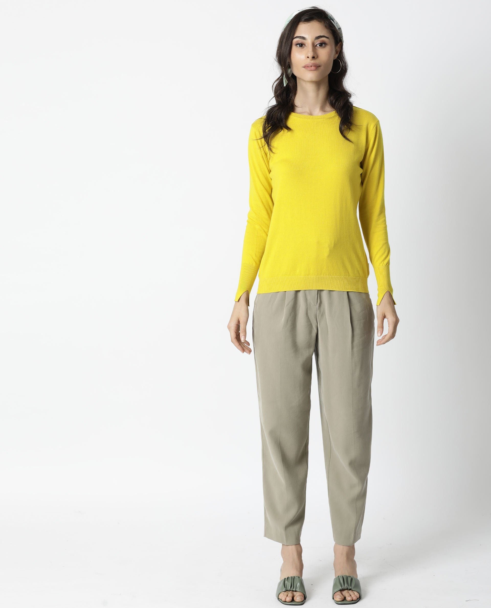 Rareism Women Plum Yellow Cotton Fabric Full Sleeves Regular Fit Ribbed Ribbed Collar Sweater