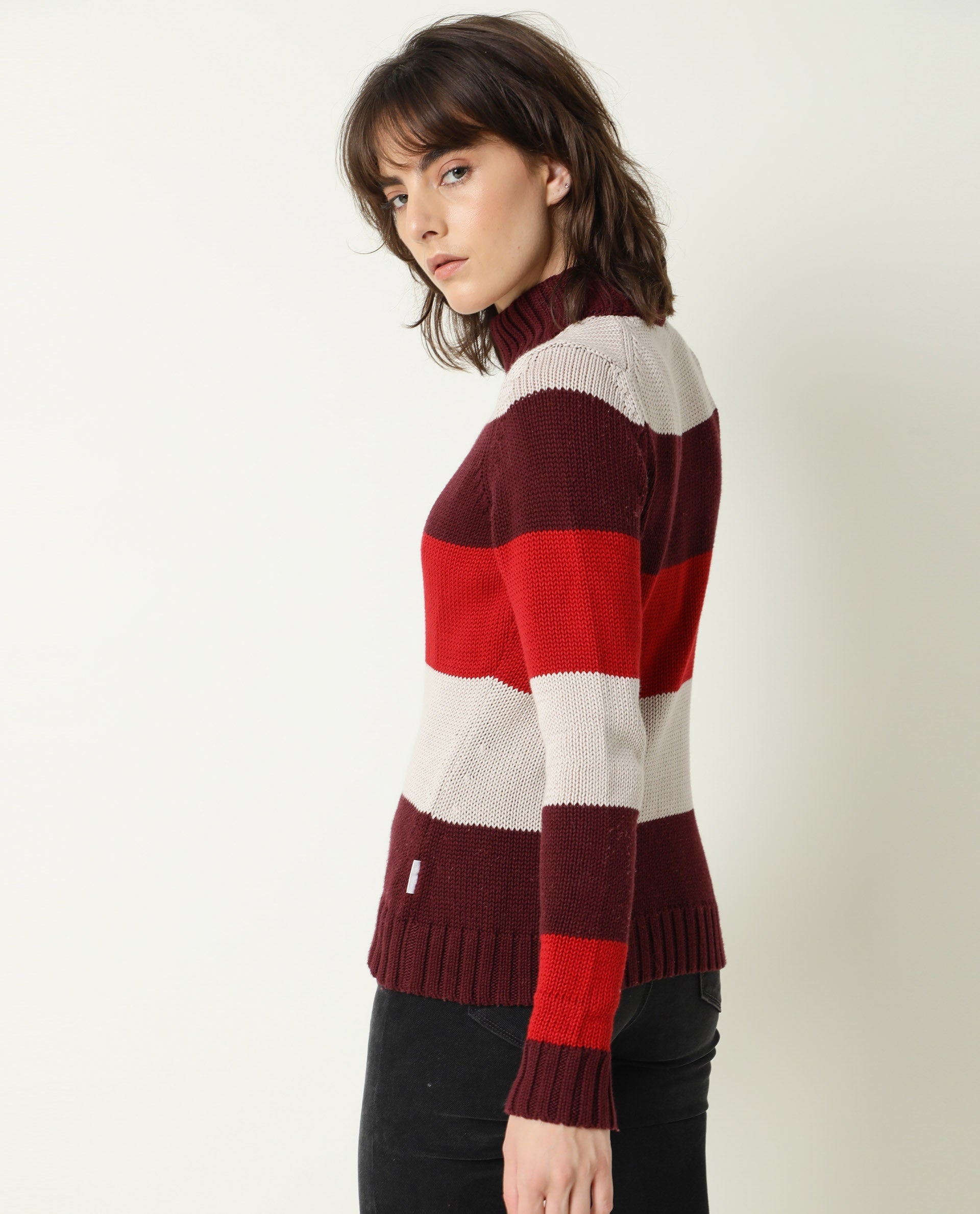 Rareism Women Tony Maroon  Full Sleeves Regular Fit Color Blocked Turtle Neck Sweater
