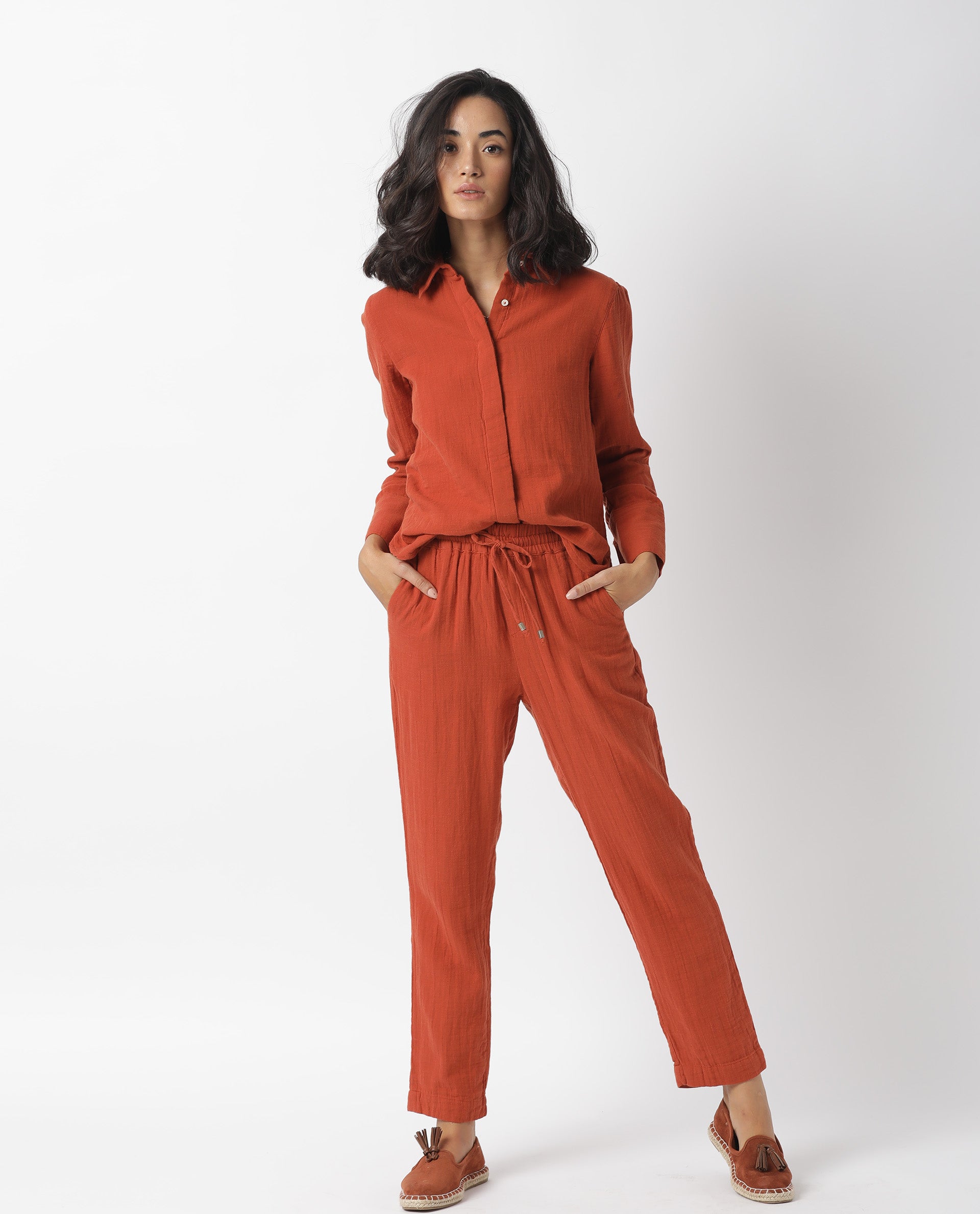 Rareism Womens Lock Rust Top Cotton Fabric Regular Fit Cuffed Sleeve Collared Neck