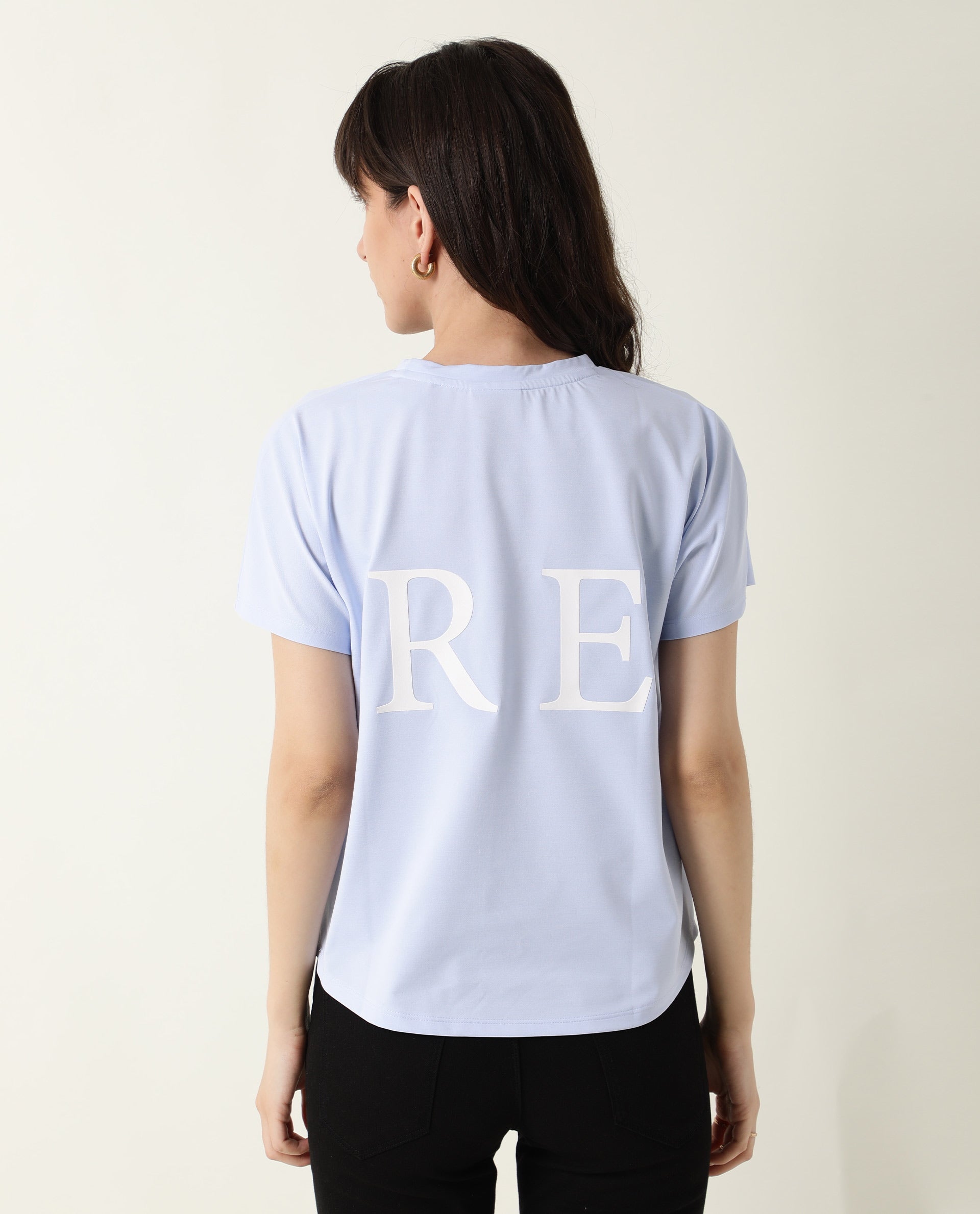 Rareism Women's Hush Blue Polyester Blend Crew Neck Graphic Print Regular Fit T-Shirt