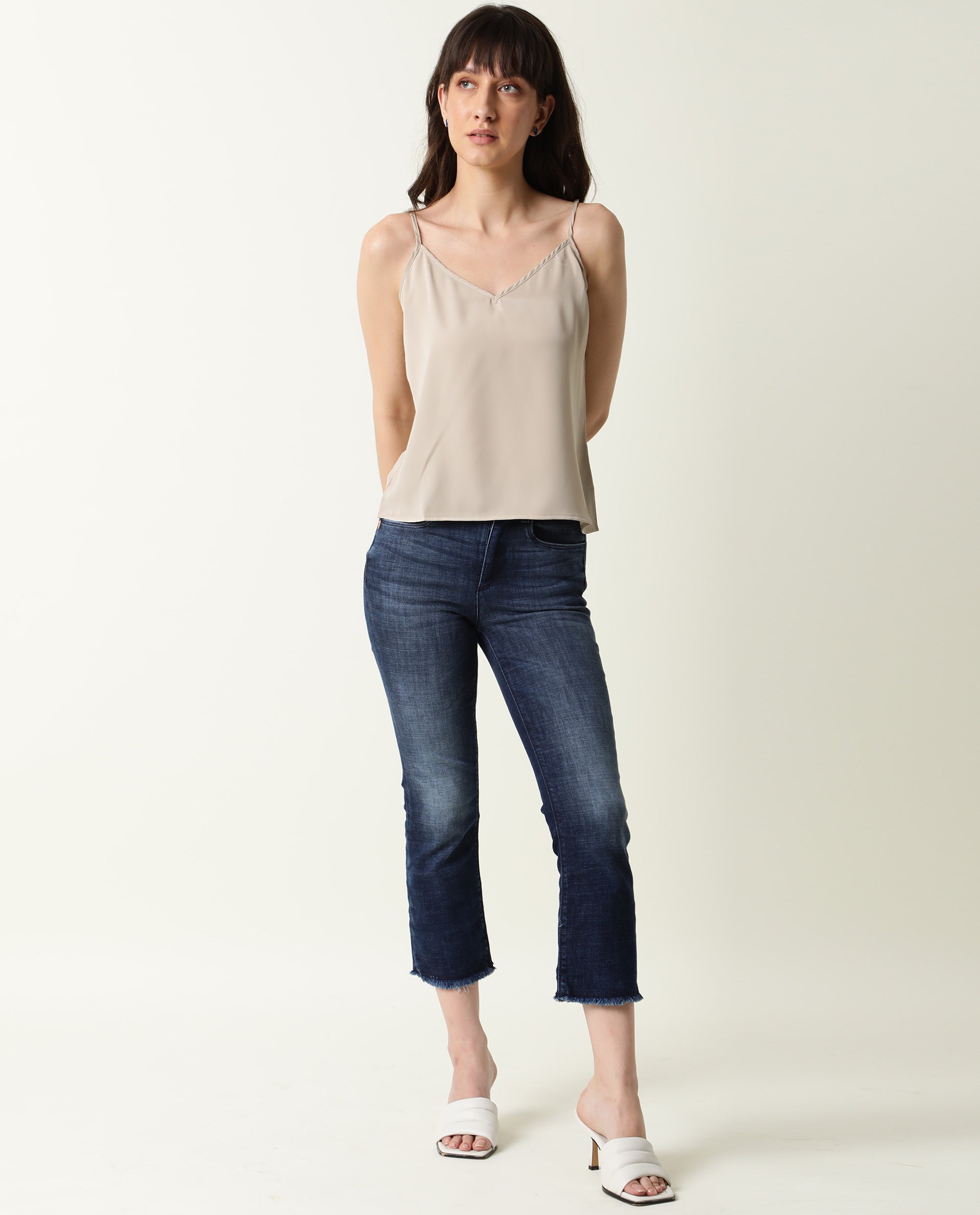 Rareism Women's Slipo Grey Polyester V-Neck Plain Shoulder Strap Regular Fit Inner Wear Slip