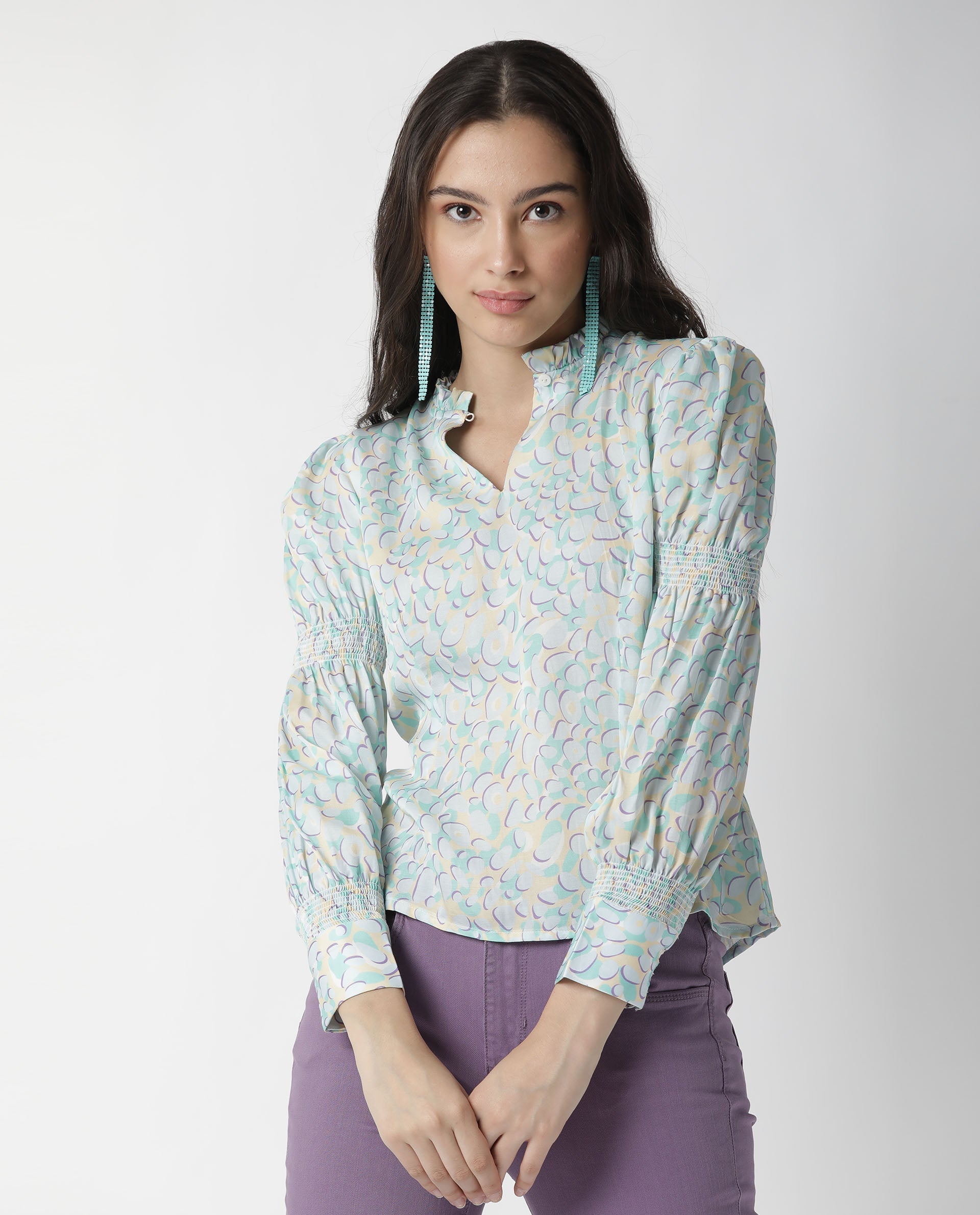 Rareism Womens Floor Purple Top Modal Satin Fabric Regular Fit Full Sleeve Ruffled Neck