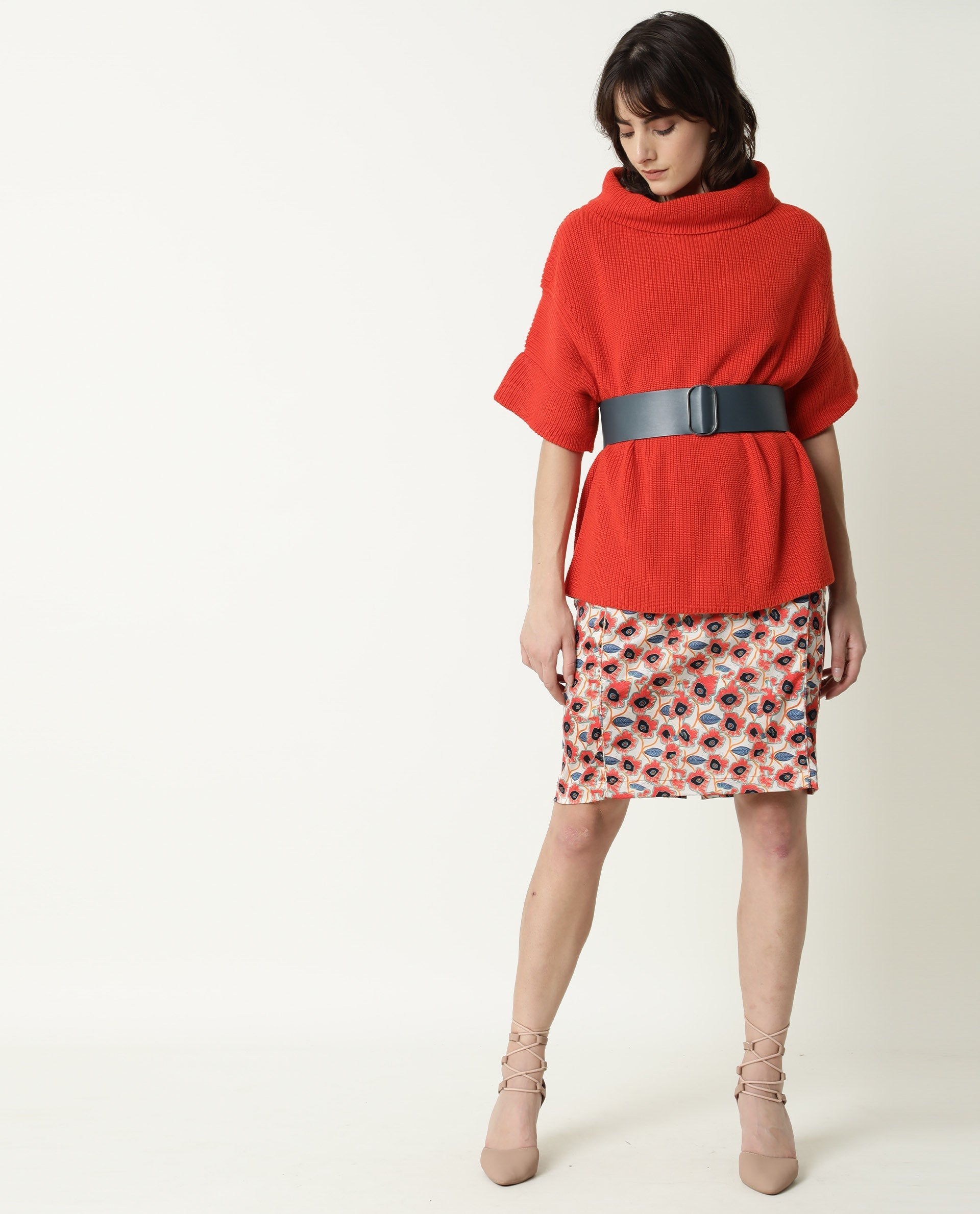 Rareism Women Daffy Orange Cotton Fabric Half Sleeves Relaxed Fit Solid Cowl Neck Sweater