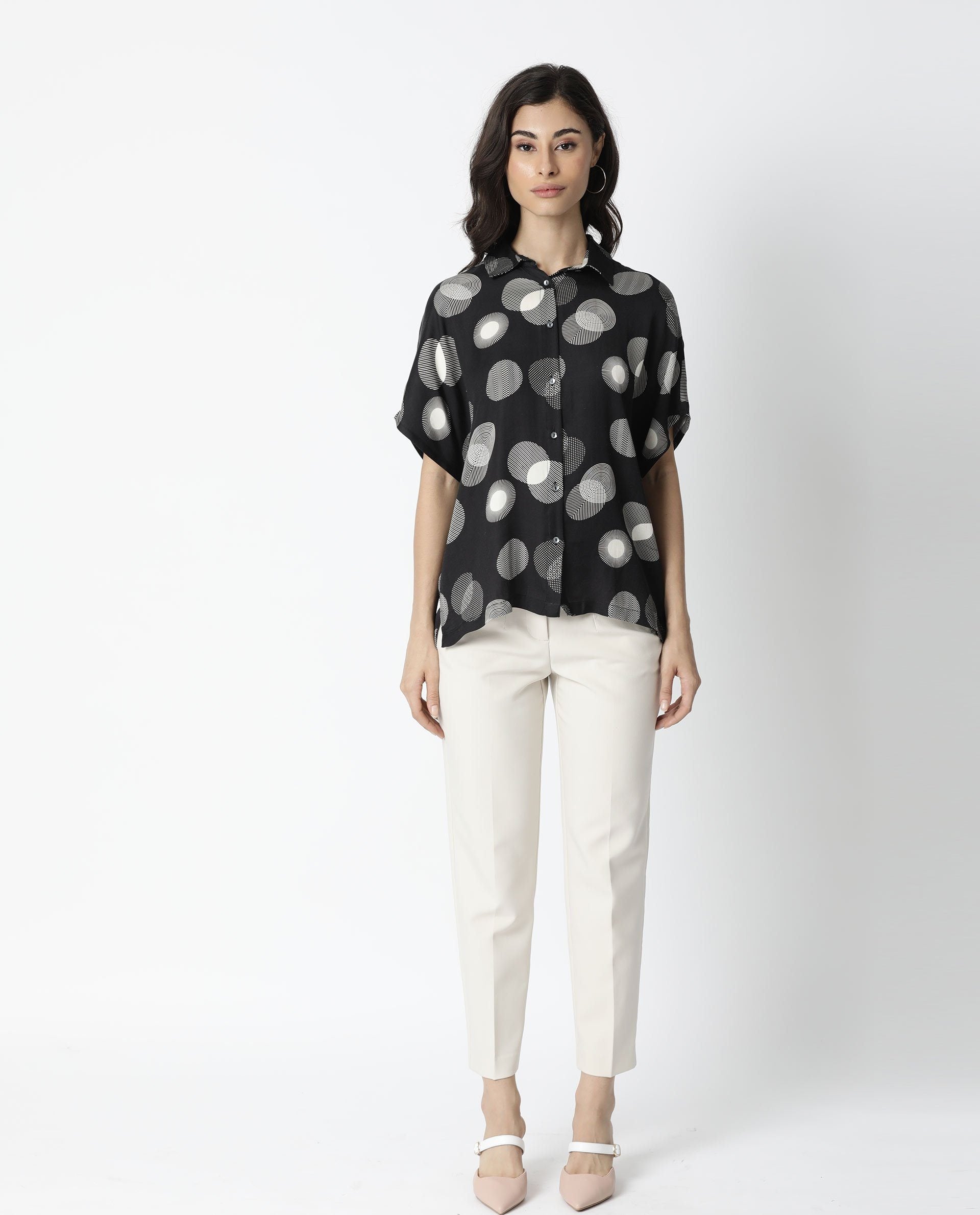 Rareism Women Emile Black Top Short Sleeves Printed