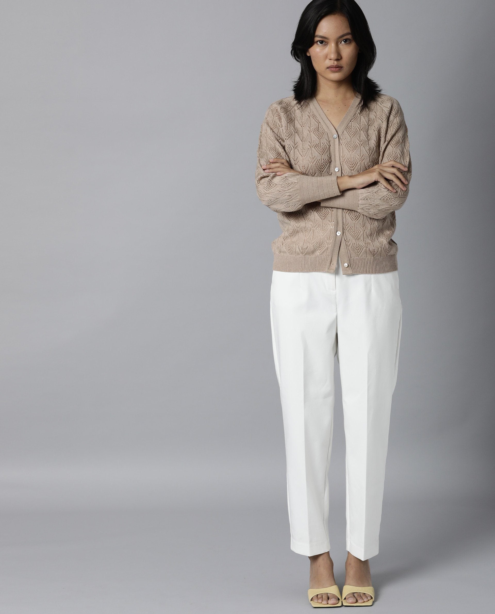 Rareism Women Adorn Beige  Full Sleeves Regular Fit Solid V-Neck Sweater