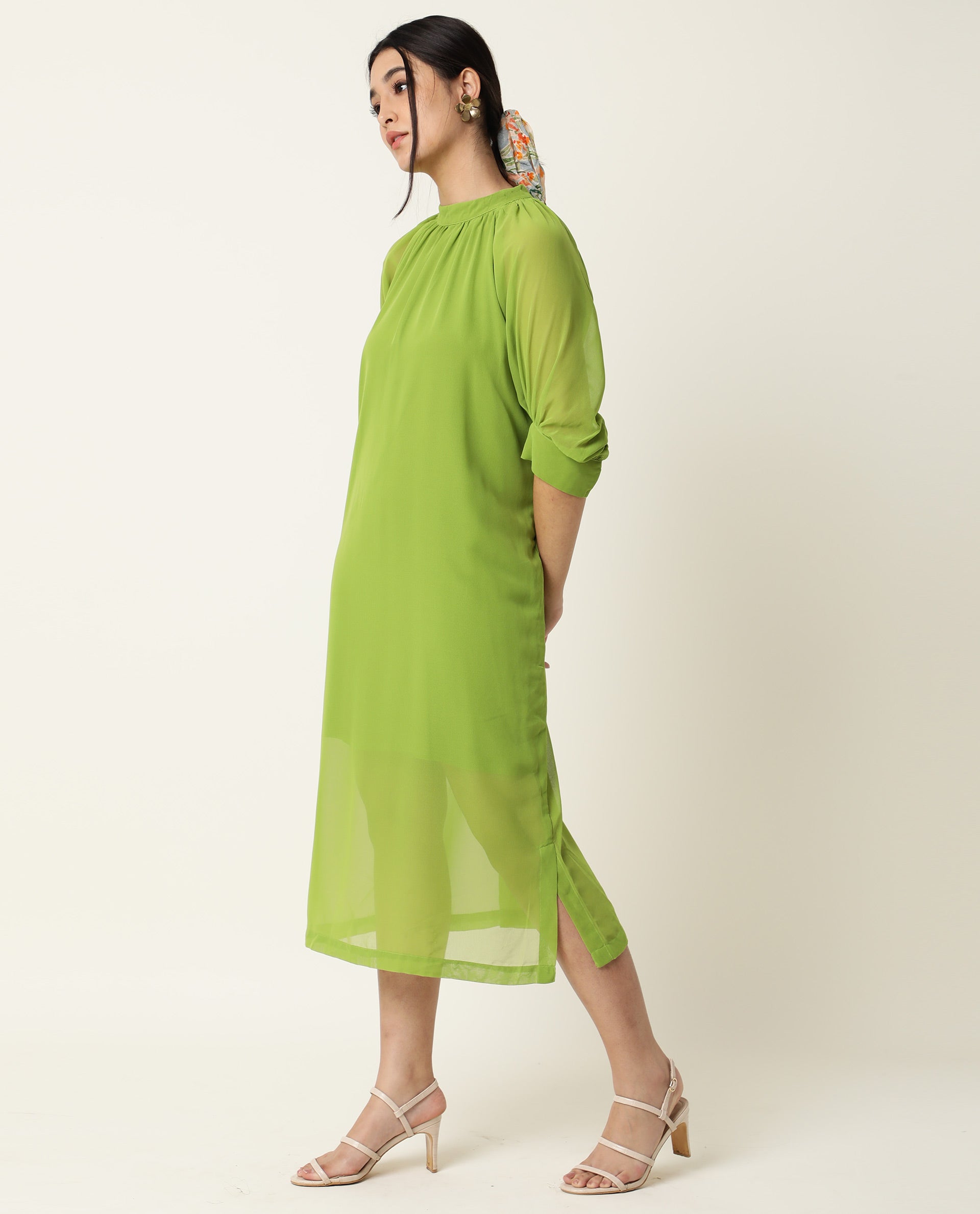 Rareism Women Frag Green High Collared Neck With Gathers Short Sleeves With Cuff Back Button Closure Midi Dress