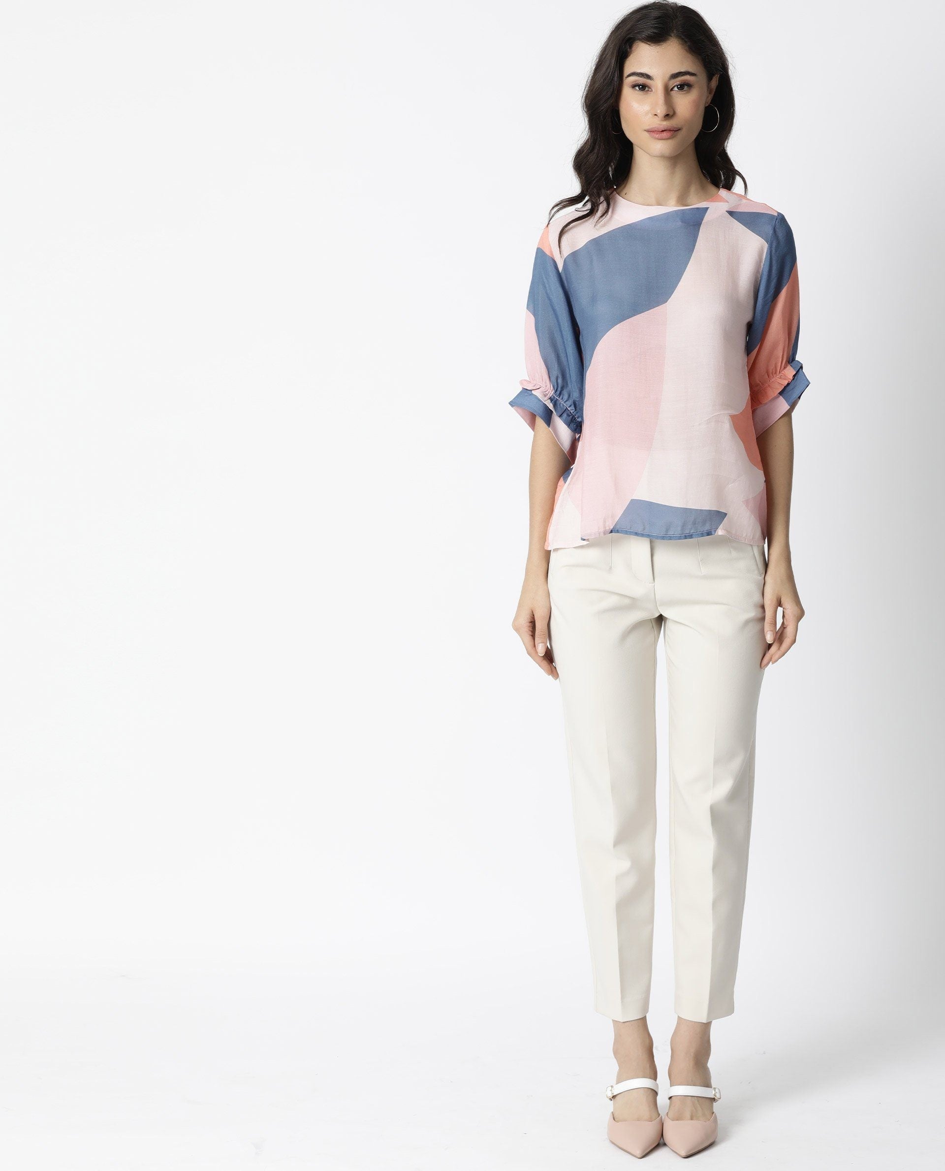Rareism Women Kite Peach Top Short Sleeves Printed