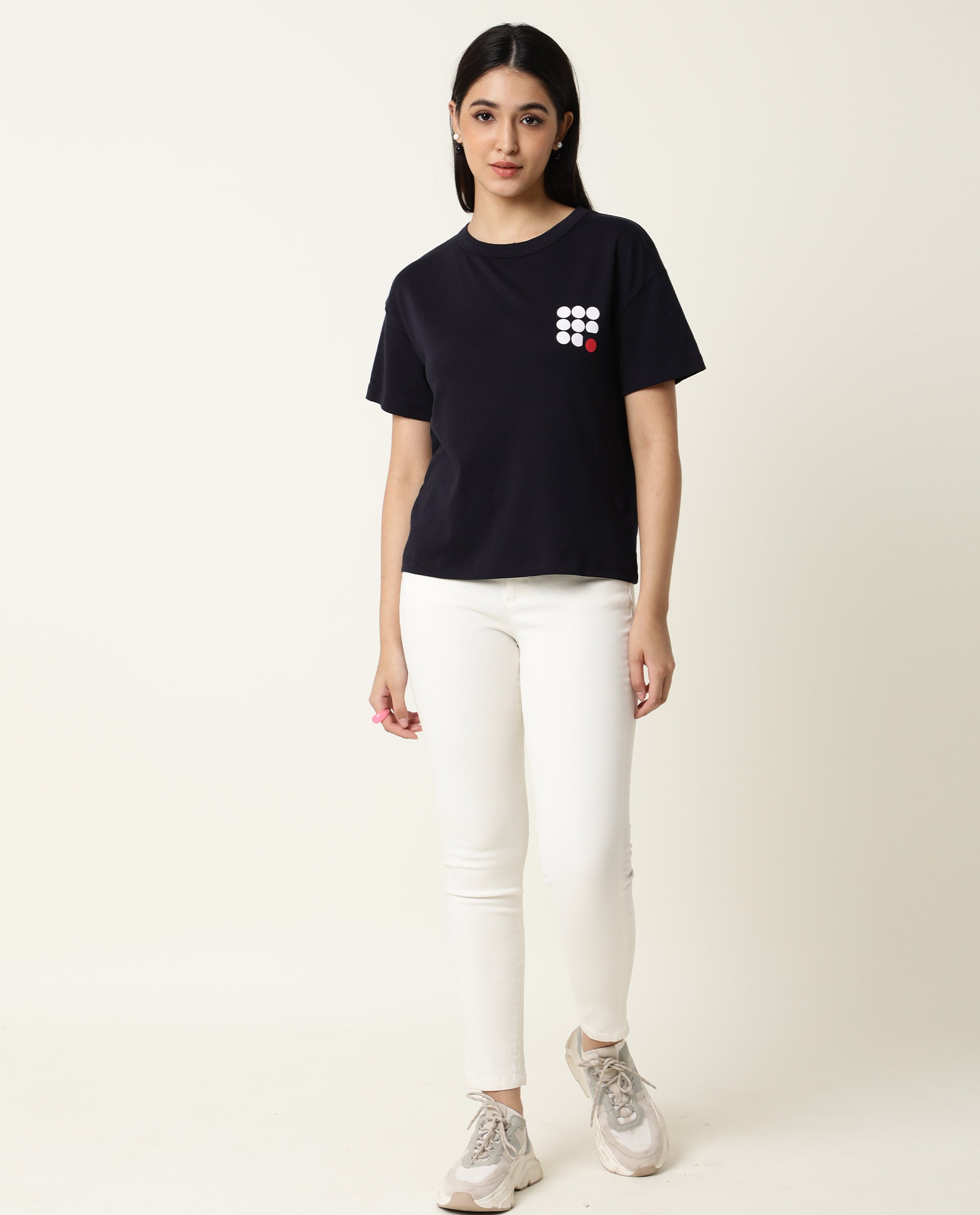 Rareism Women Sake Navy Cotton Fabric Regular Fit Half Sleeves Color Blocked Crew Neck T-Shirt