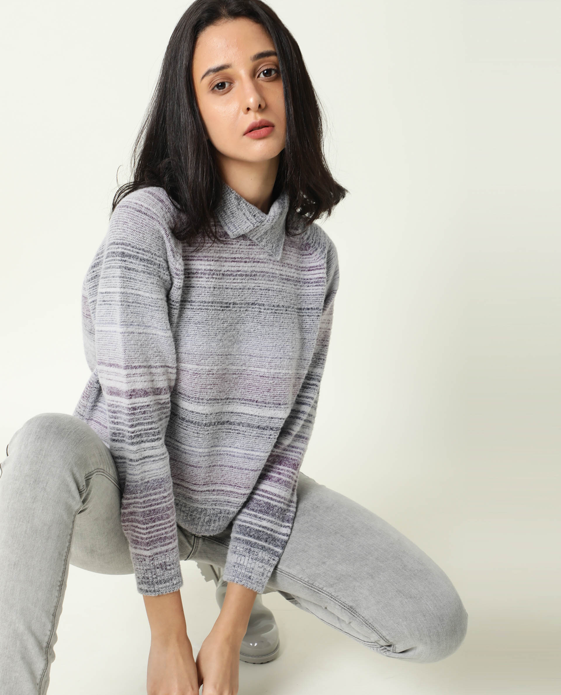 Rareism Women's Rosalva Grey Nylon High Neck Ombre Knee Length Regular Fit Sweater