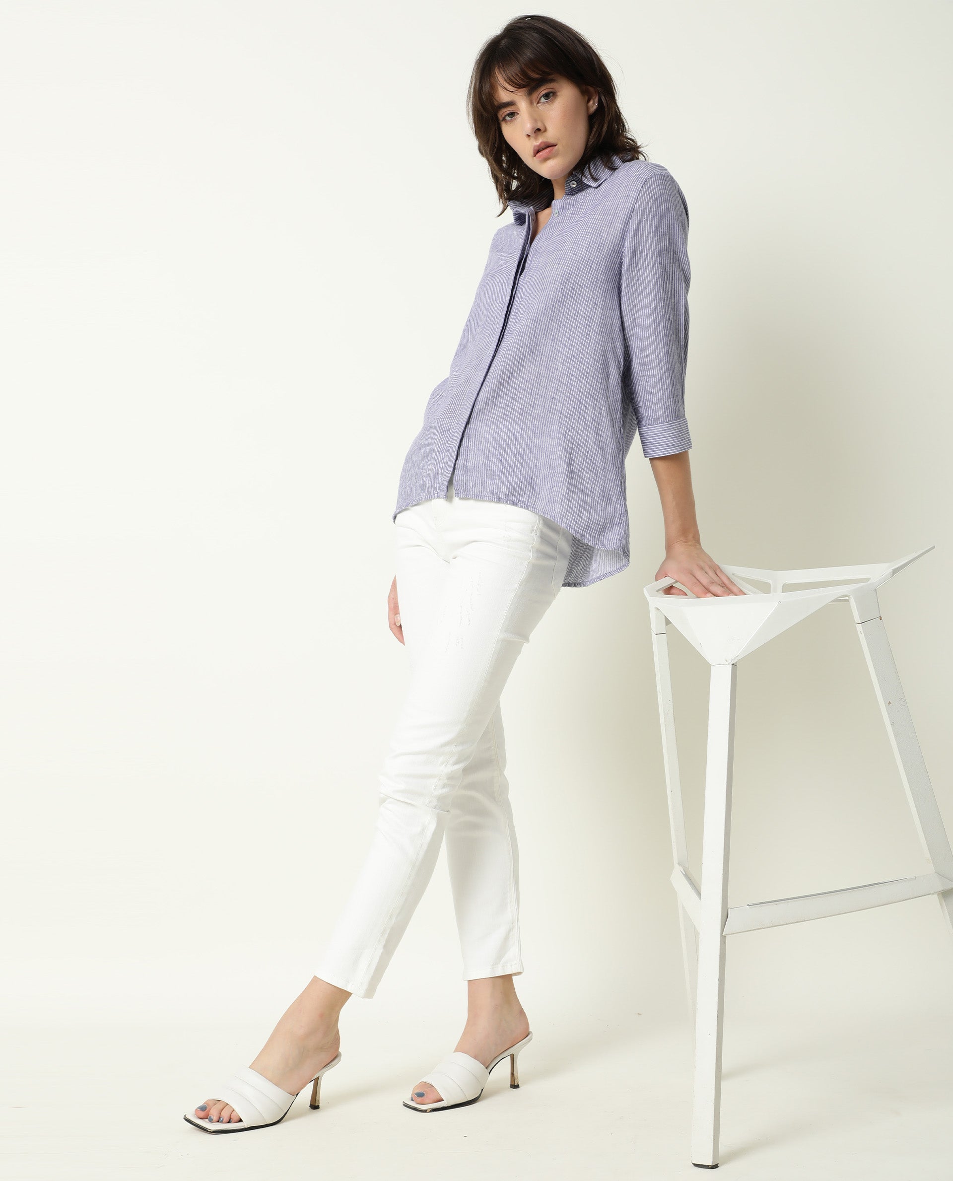 Rareism Womens Stellio Blue Top Cotton Linen Fabric  3/4 Sleeve Collared Neck