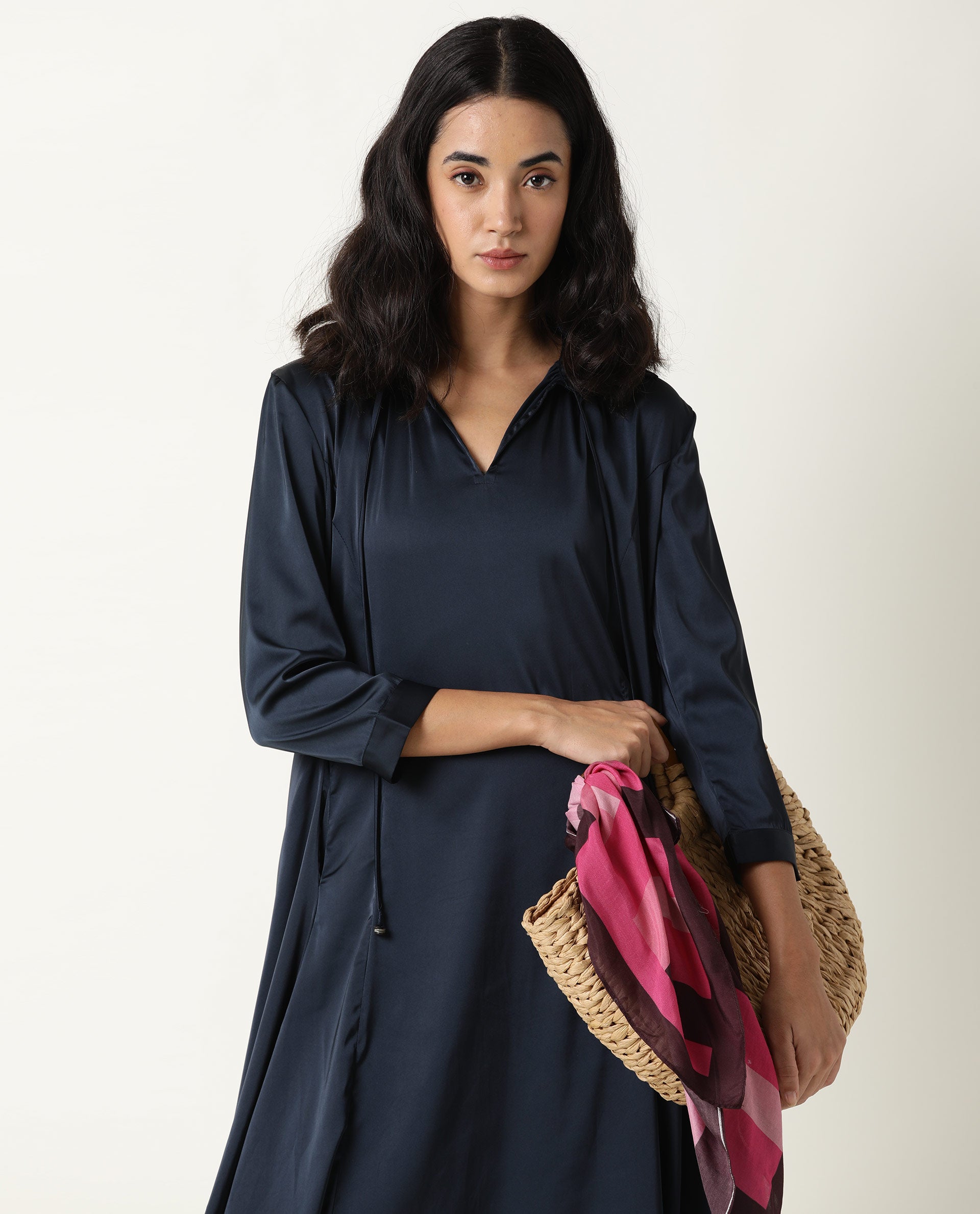 Rareism Womens Drella Navy Dress Modal Lycra Fabric Regular Fit Half Sleeve Lapel Neck