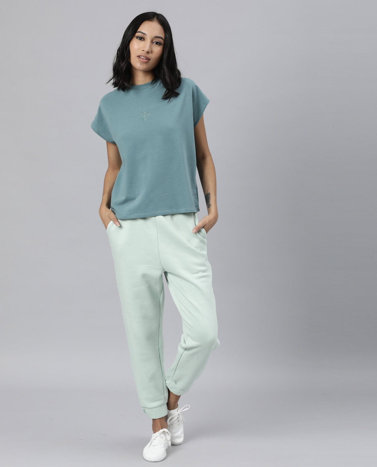 Rareism Womens Hola Green T-Shirt High Neck Polycotton Spandex Fabric