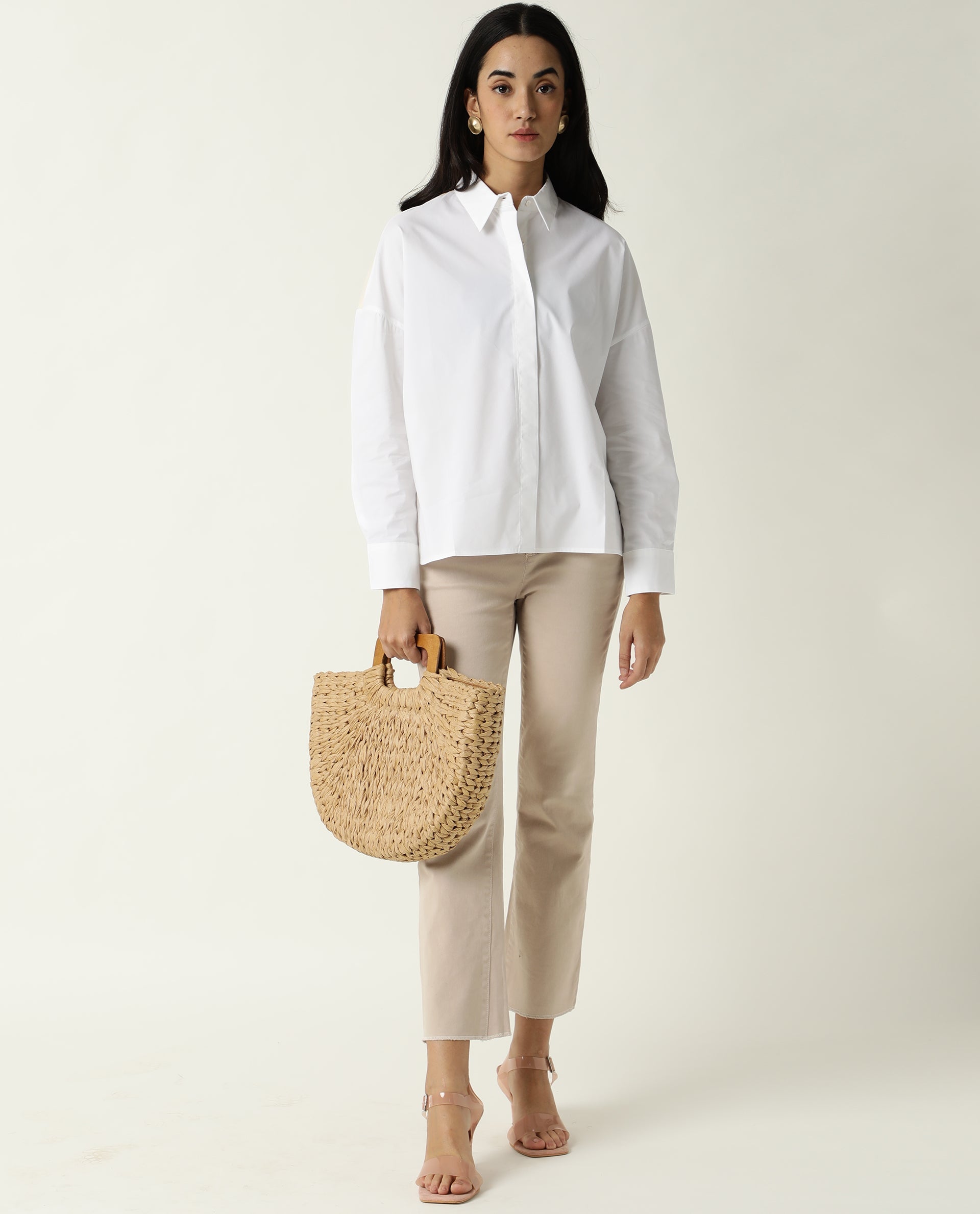 Rareism Women Nellore White Cotton Lycra Fabric Regular Fit Shirt Collar Full Sleeves Solid Top