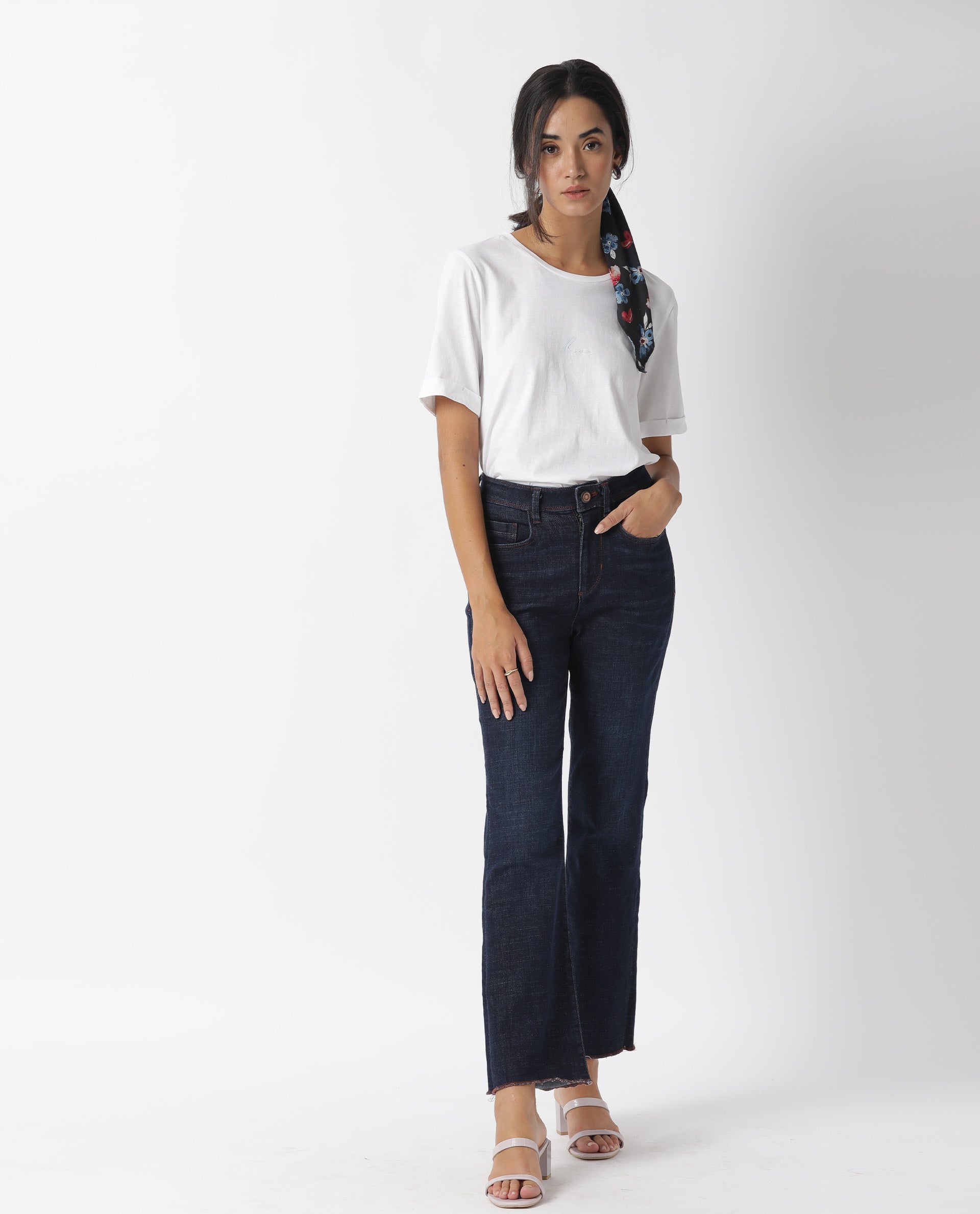 Rareism Women Nova Tee 2 White Cotton Blend Fabric Regular Fit Half Sleeves Solid Crew Neck T-Shirt