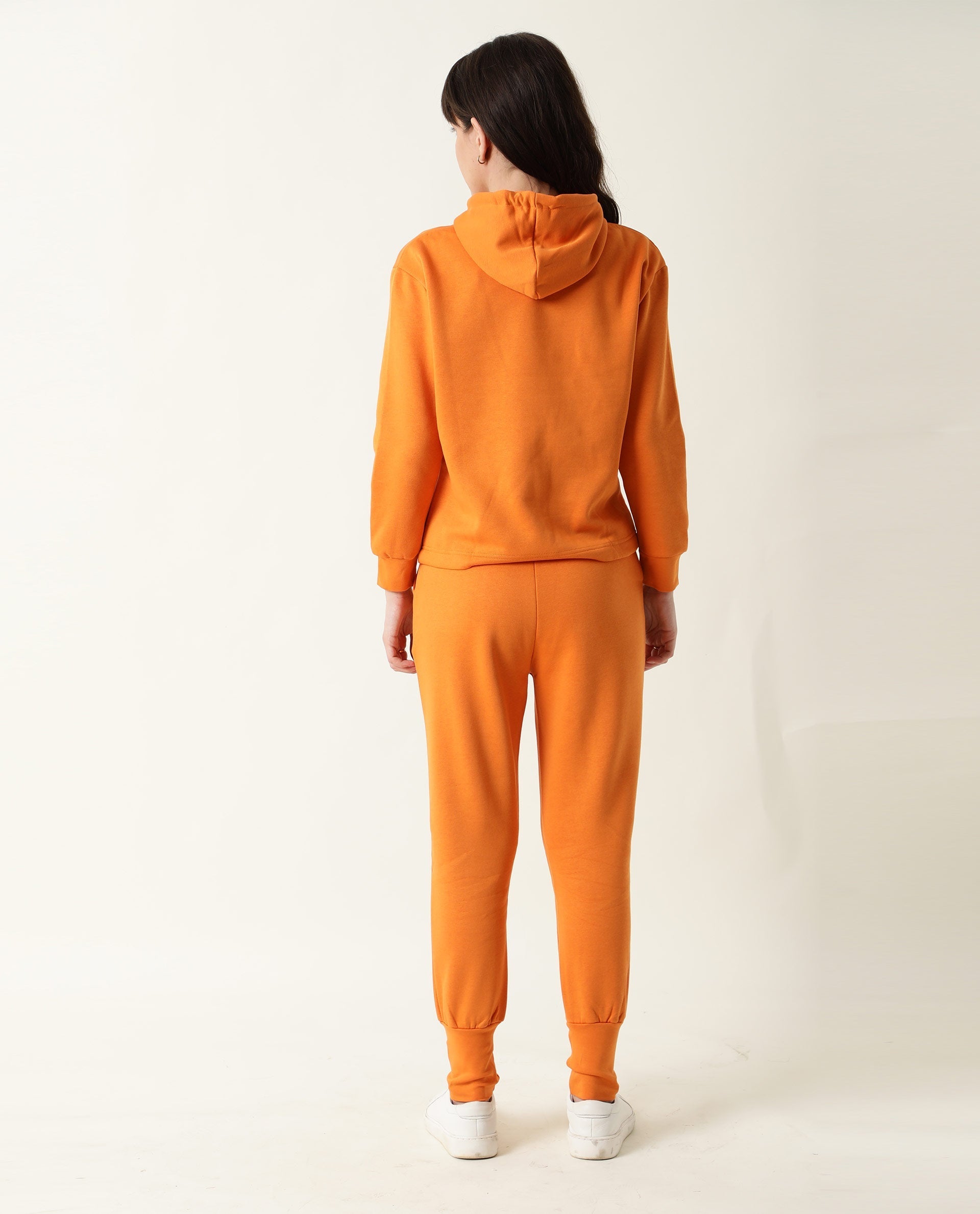 Rareism Women's Wally-1 Orange Cotton Blend Hooded Plain Relaxed Fit Sweatshirt