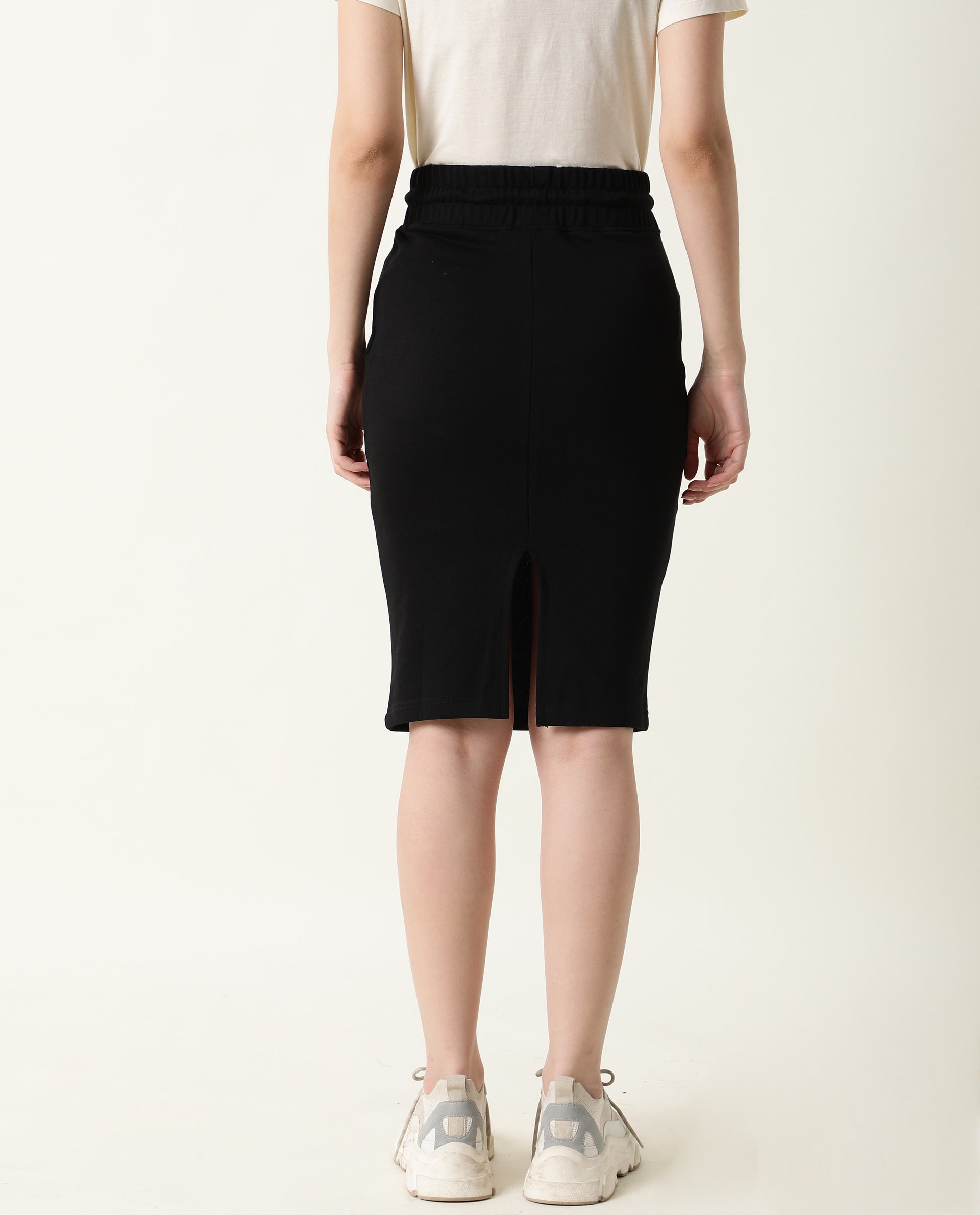 Rareism Women Fudge-1 Black Poly Cotton Fabric Tailored Fit High Rise Solid Midi Skirt