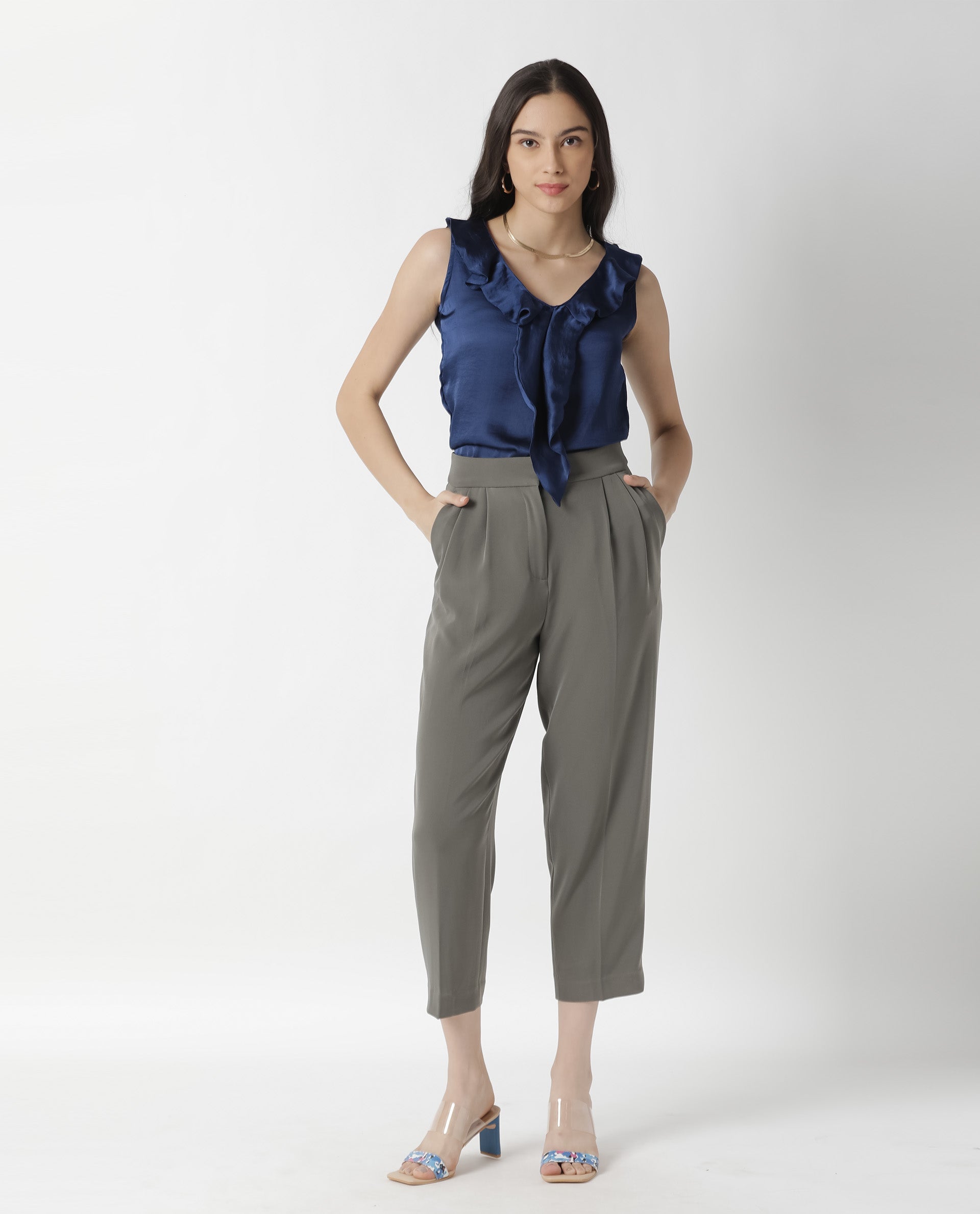 Rareism Womens Wishin Navy Top Modal Fabric Regular Fit Sleeveless Ruffled Neck