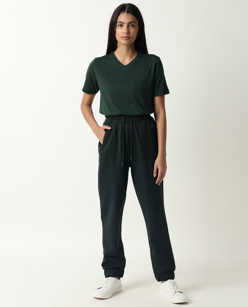 Rareism Women Creta Dark Green Cotton Blend Fabric Relaxed Fit Solid Mid Rise Ankle Length Track Pant