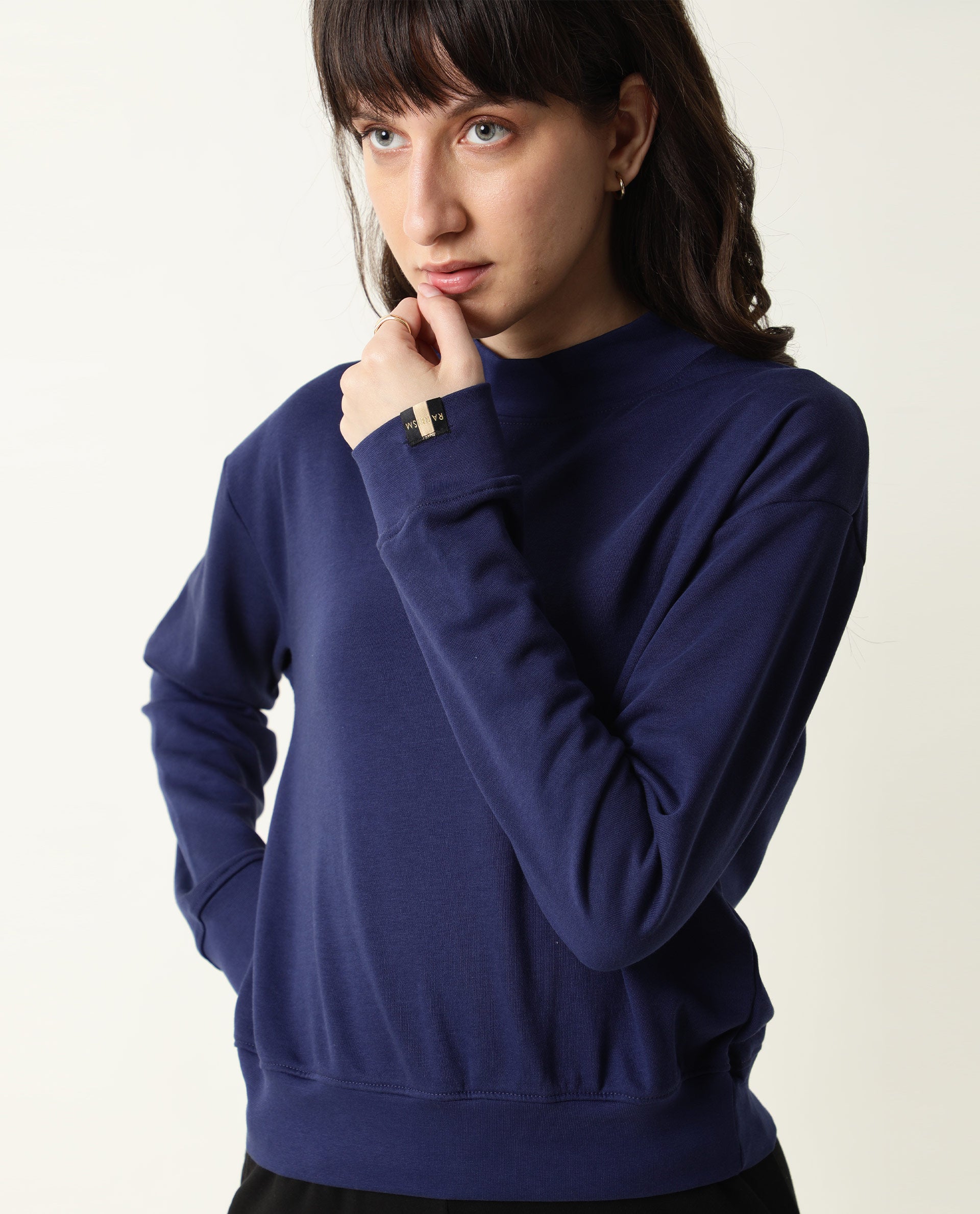 Rareism Women Necker Blue  Relaxed Fit Full Sleeves Solid High Neck Sweatshirt