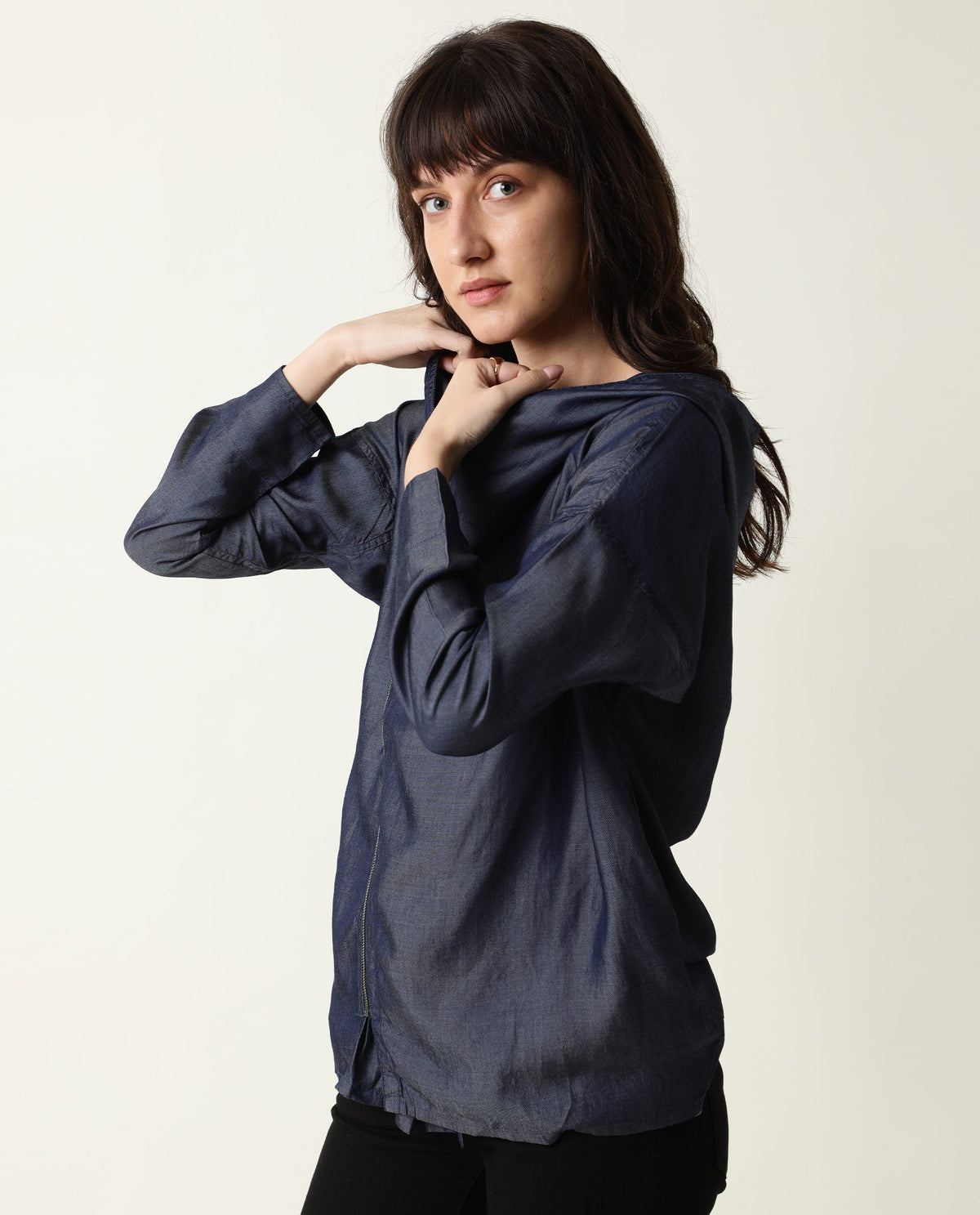Rareism Womens Hemp Bark Blue Hoodie Zipper Closure