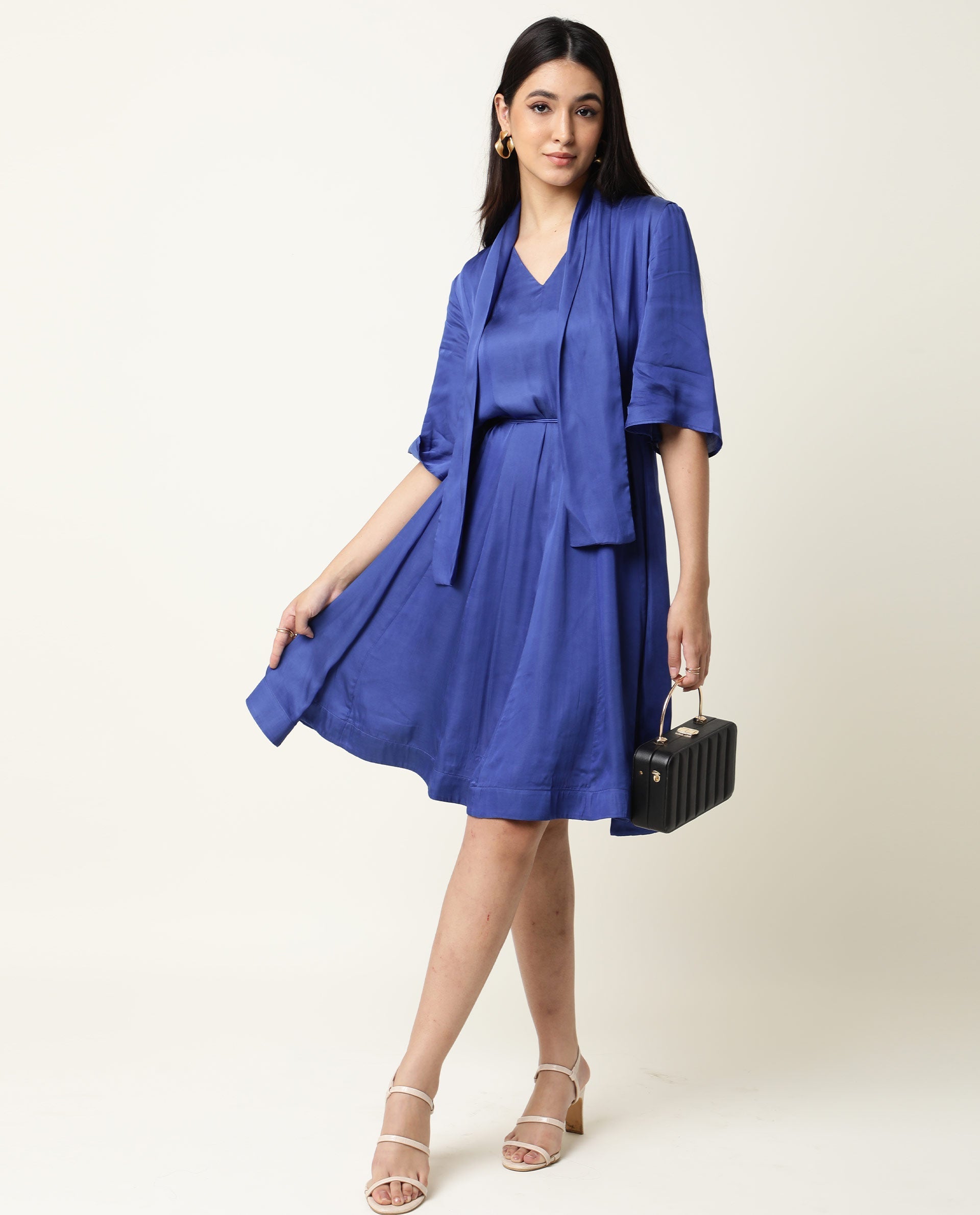 Rareism Women's Yeme Blue V-Neck Plain Flared Sleeve Knee Length Regular Fit Dress