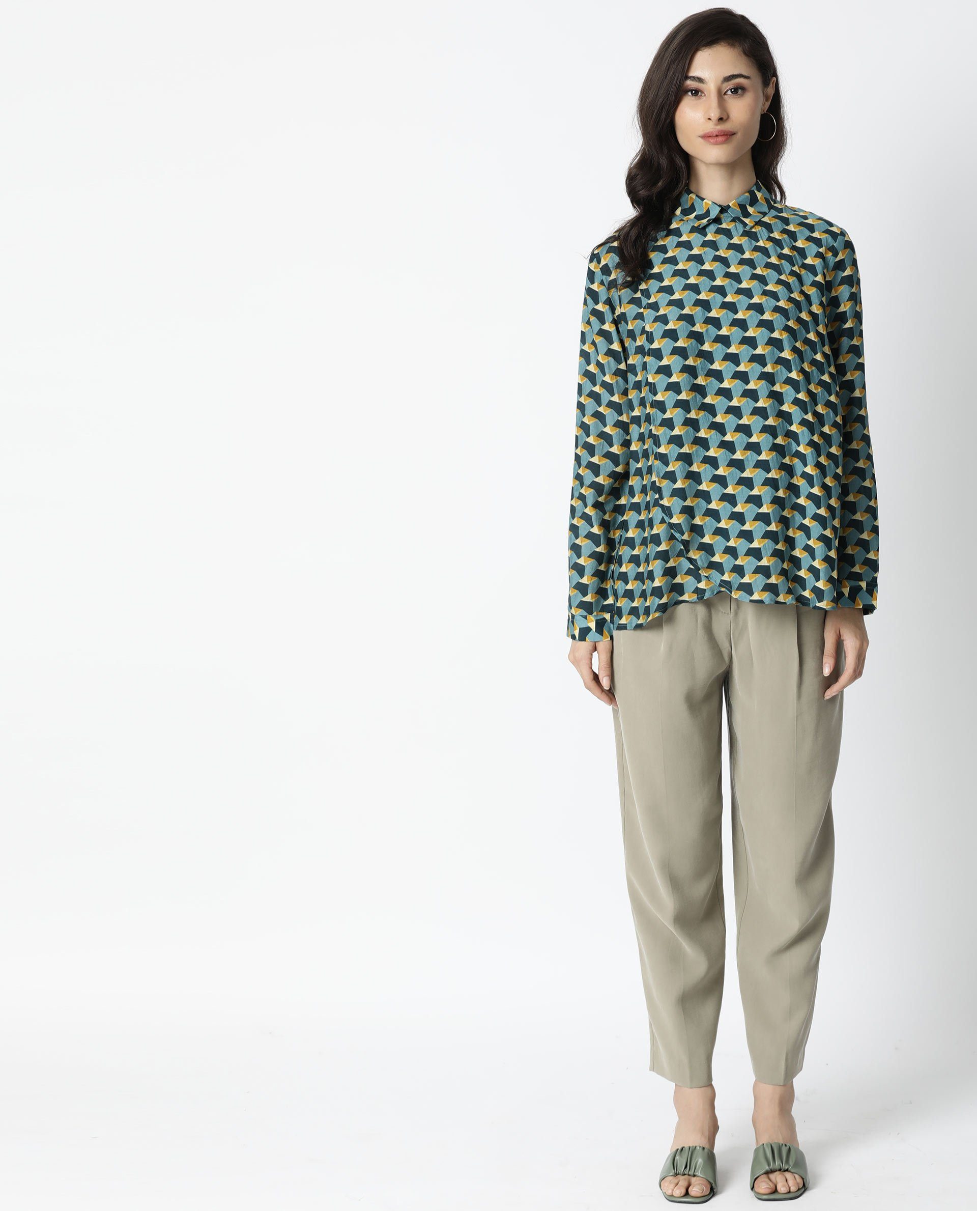 Rareism Women Chrysa Mustard Top Full Sleeves Printed