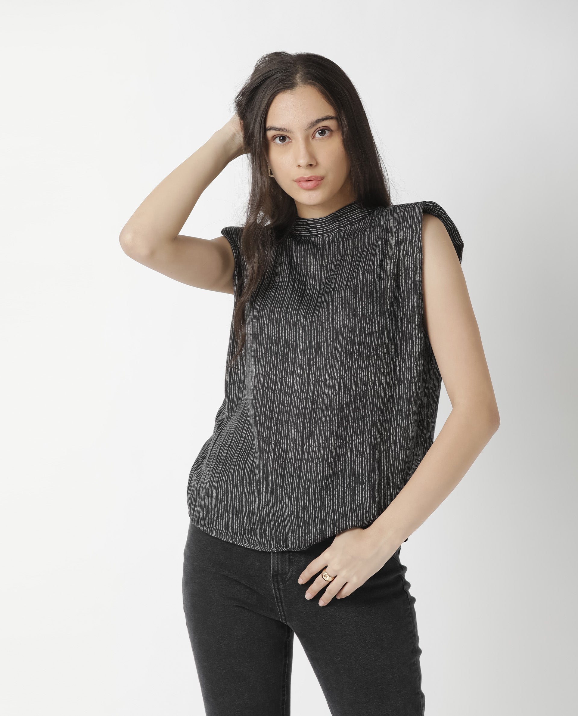 Rareism Women Yella Black Top Sleeveless Printed