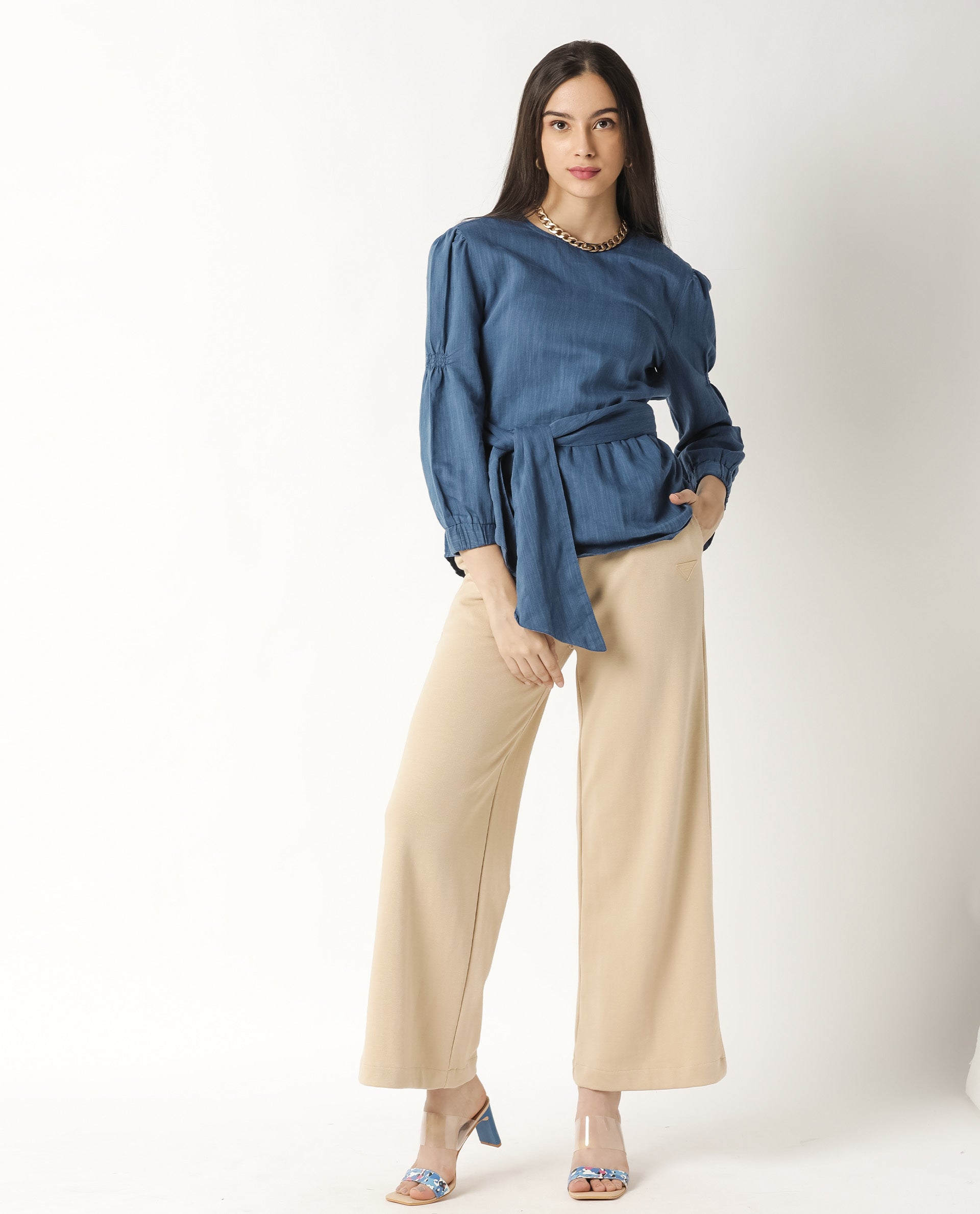 Rareism Womens Mocky Petrol Top Full Sleeve Elasticated Cuff Crew Neck